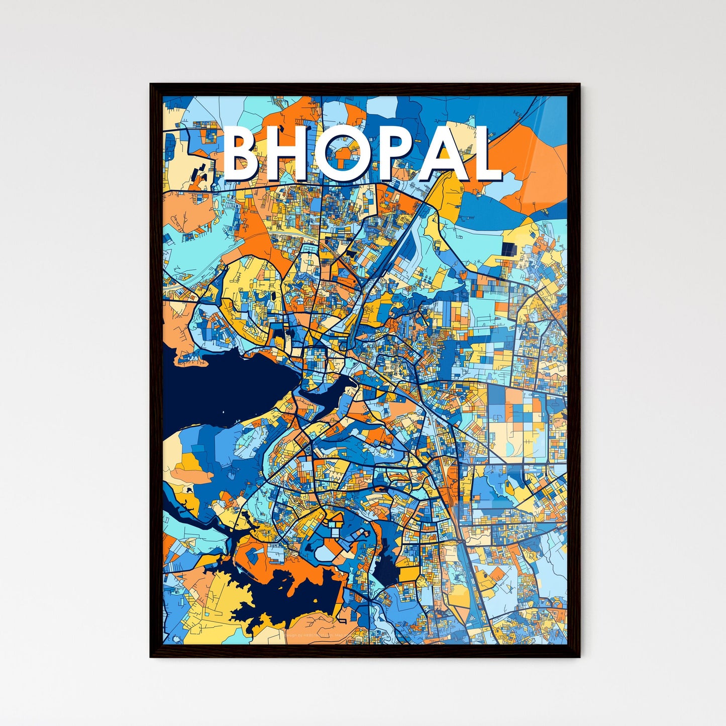 BHOPAL INDIA Vibrant Colorful Art Map Poster Blue Orange