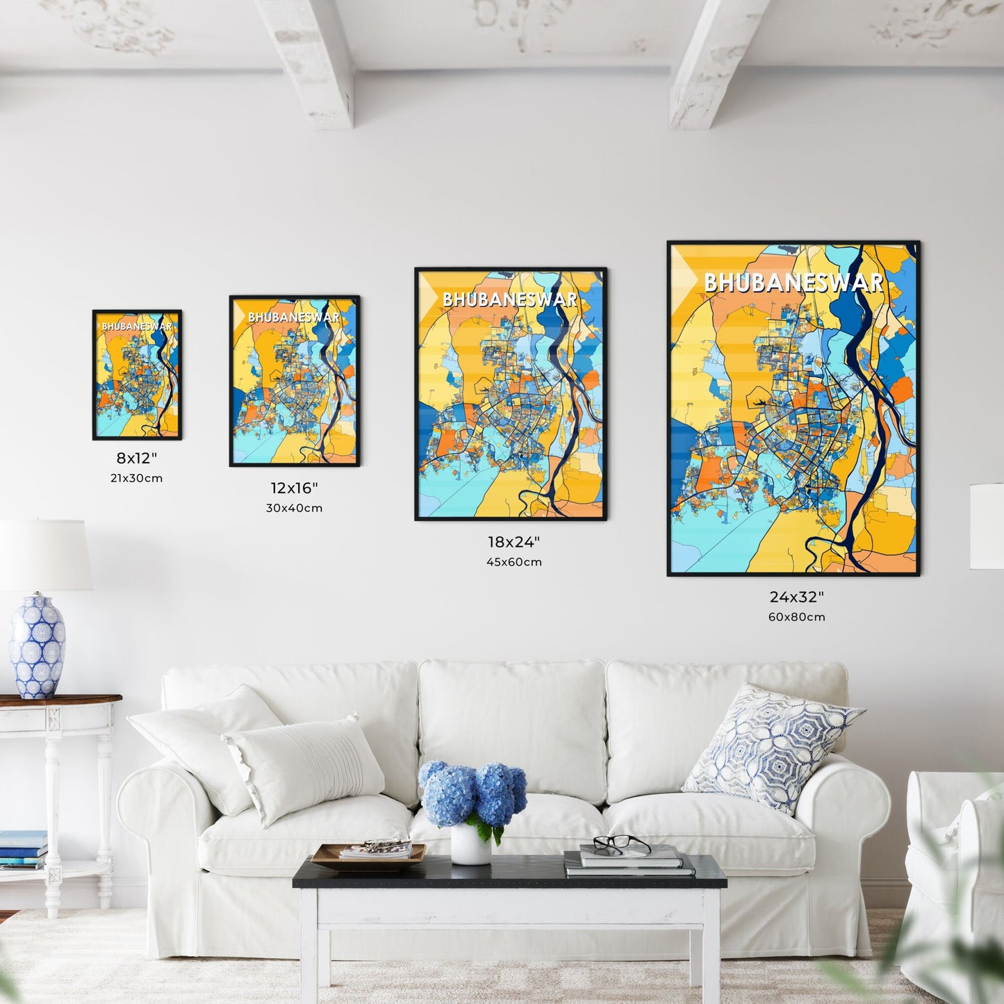 BHUBANESWAR INDIA Vibrant Colorful Art Map Poster Blue Orange