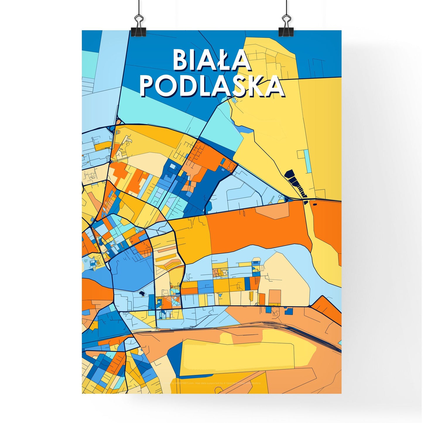 BIAŁA PODLASKA POLAND Vibrant Colorful Art Map Poster Blue Orange