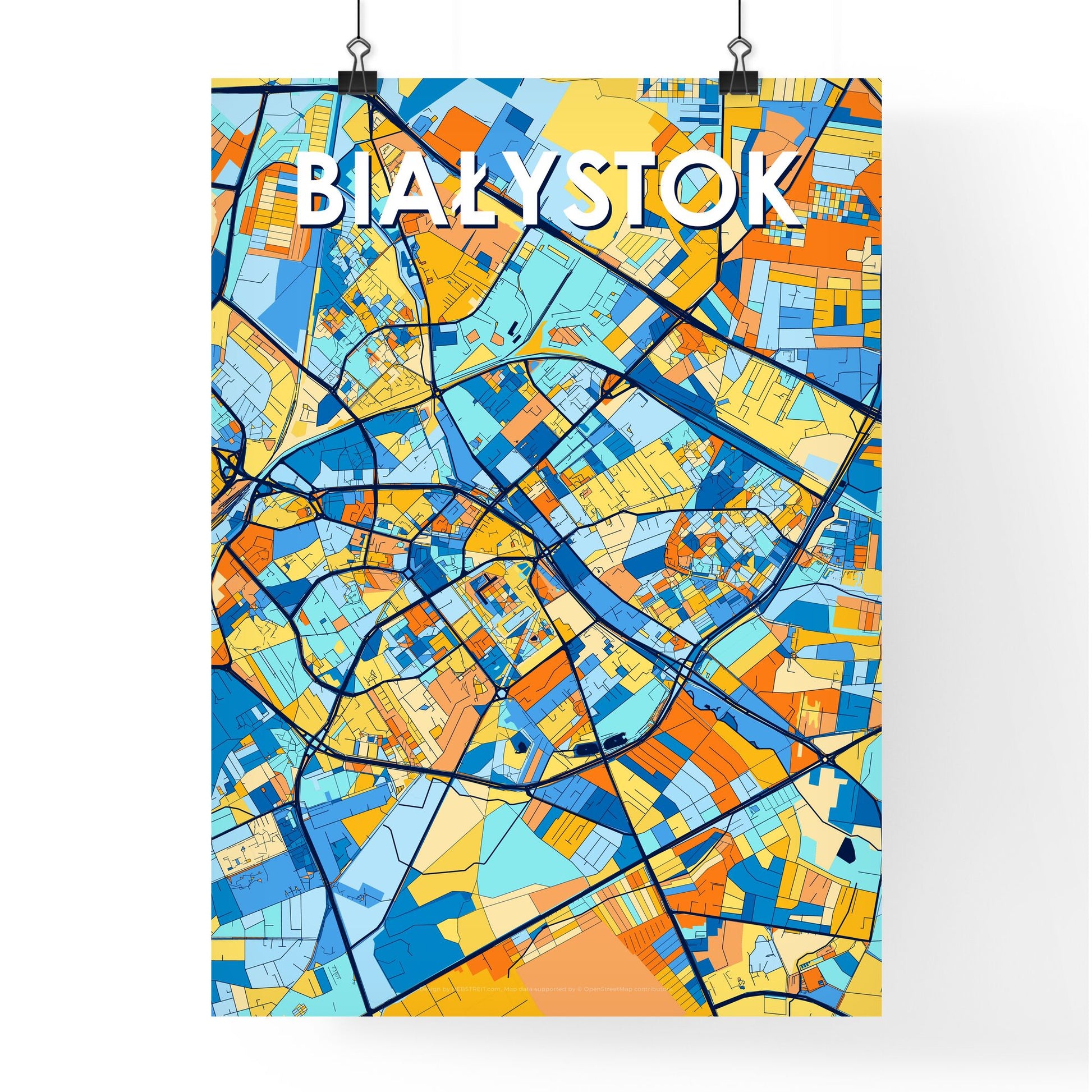 BIAŁYSTOK POLAND Vibrant Colorful Art Map Poster Blue Orange