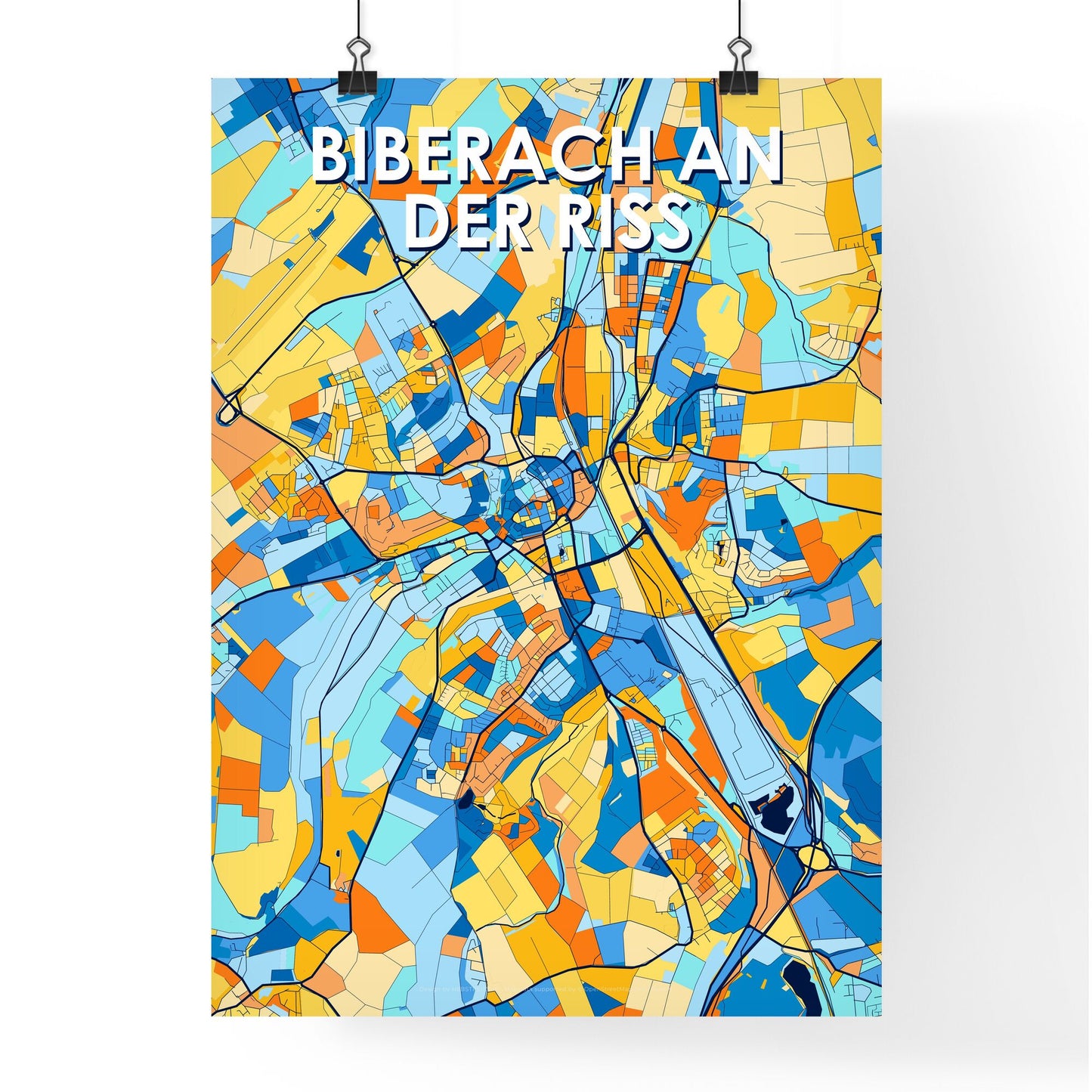 BIBERACH AN DER RISS GERMANY Vibrant Colorful Art Map Poster Blue Orange