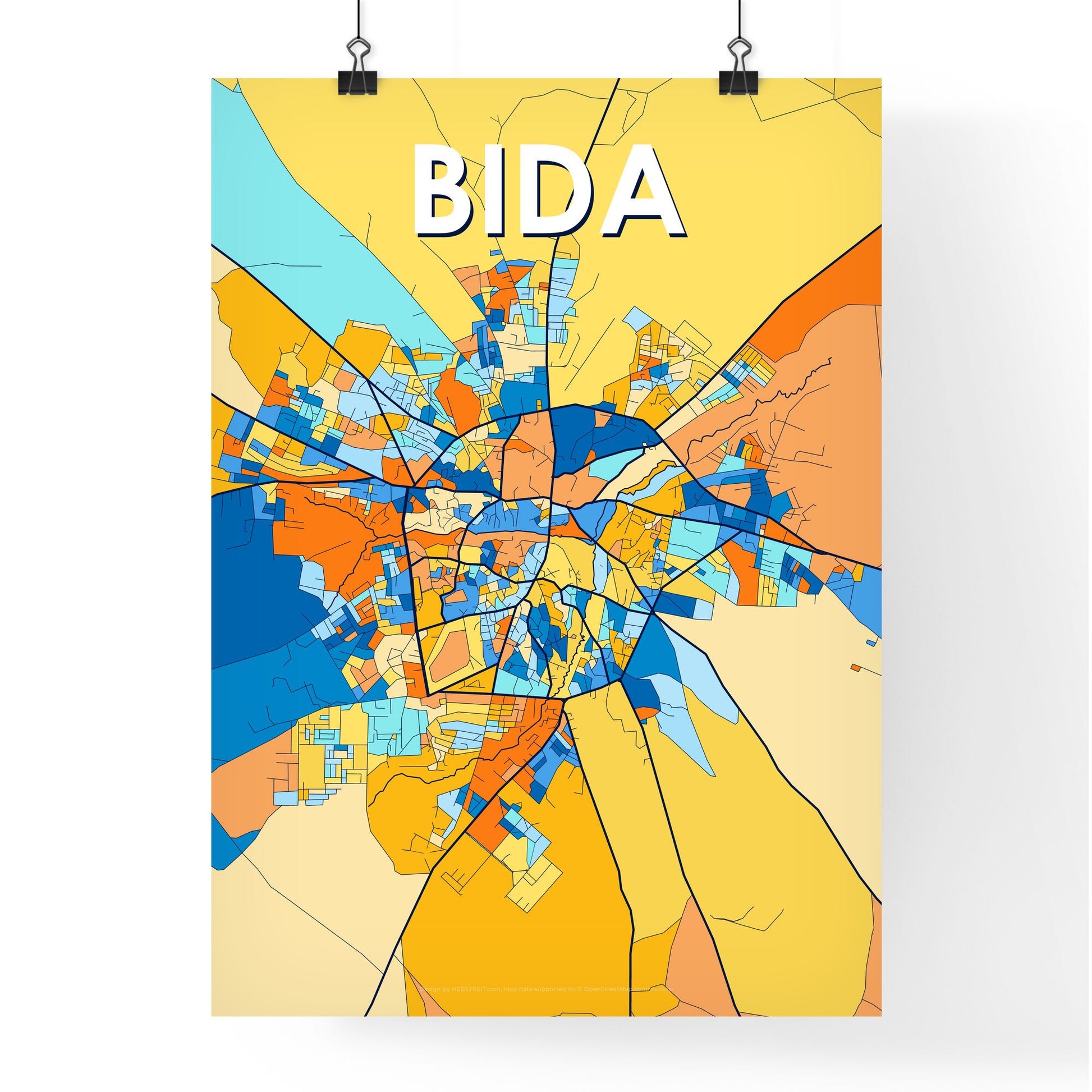 BIDA NIGERIA Vibrant Colorful Art Map Poster Blue Orange