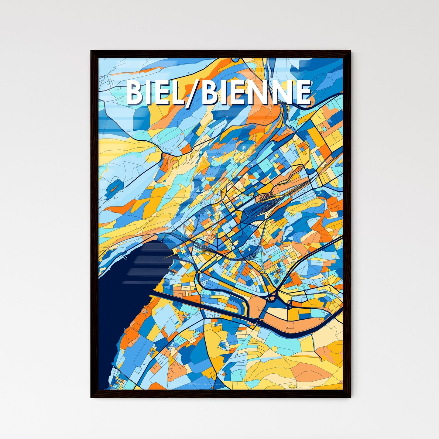 BIEL/BIENNE SWITZERLAND Vibrant Colorful Art Map Poster Blue Orange