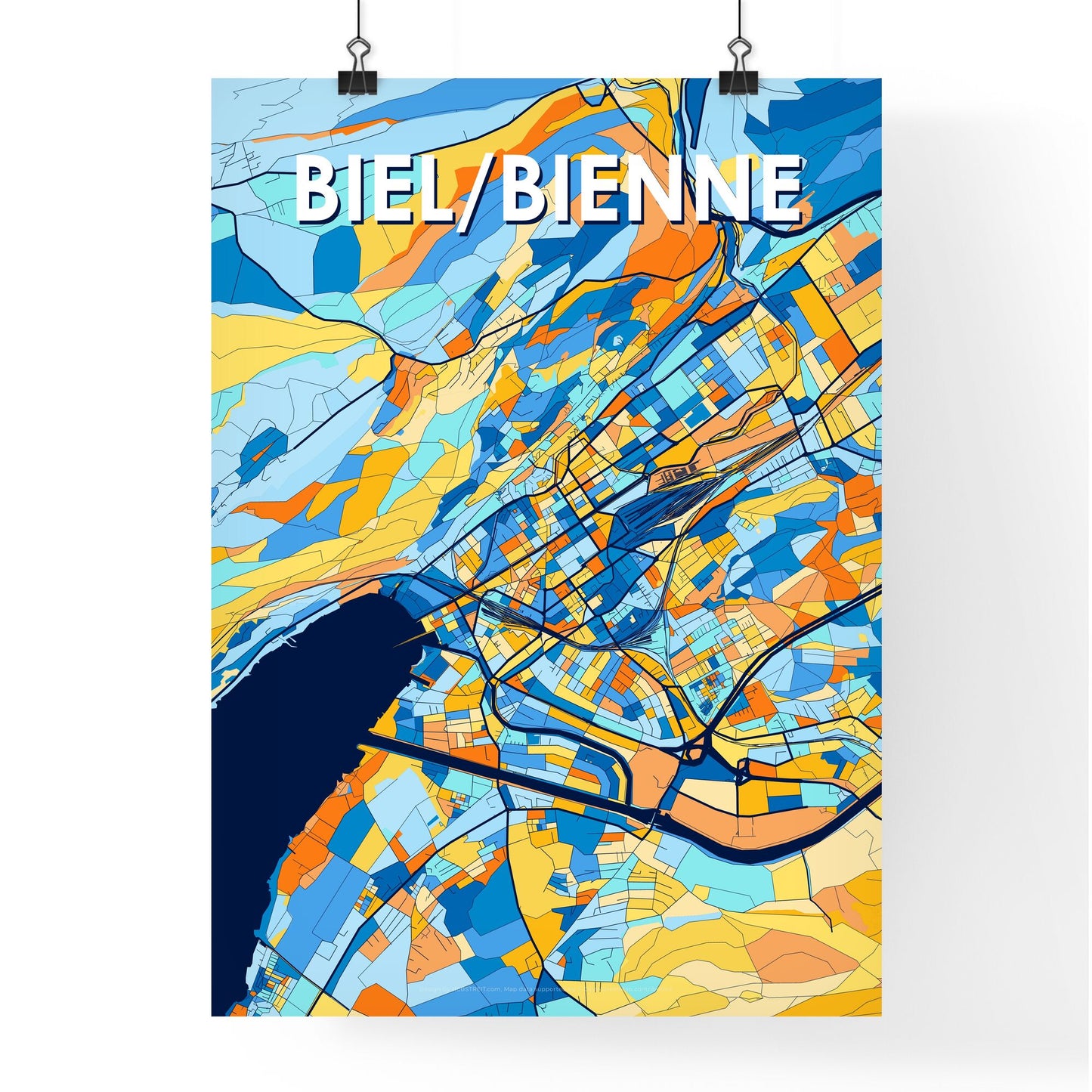 BIEL/BIENNE SWITZERLAND Vibrant Colorful Art Map Poster Blue Orange