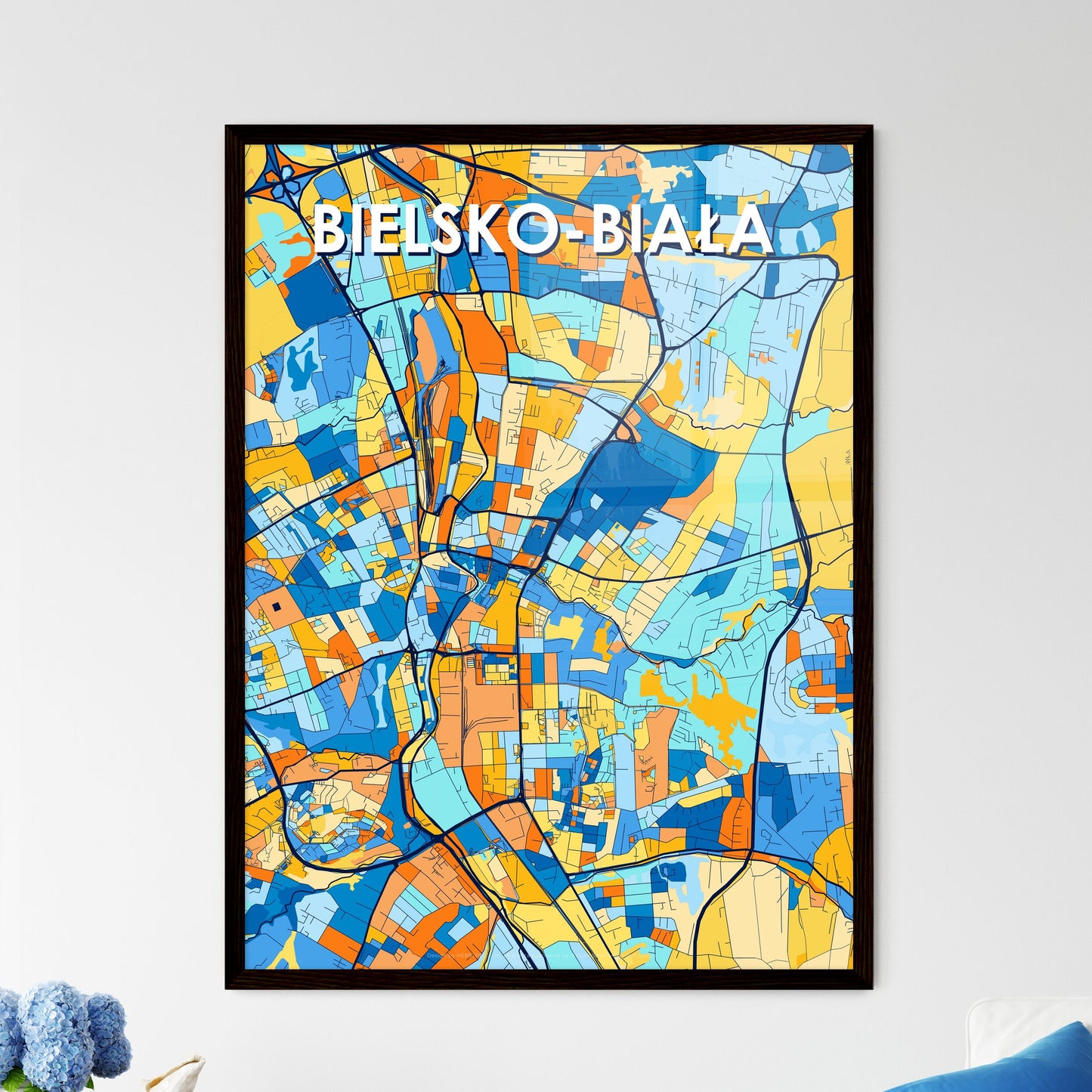 BIELSKO-BIAŁA POLAND Vibrant Colorful Art Map Poster Blue Orange