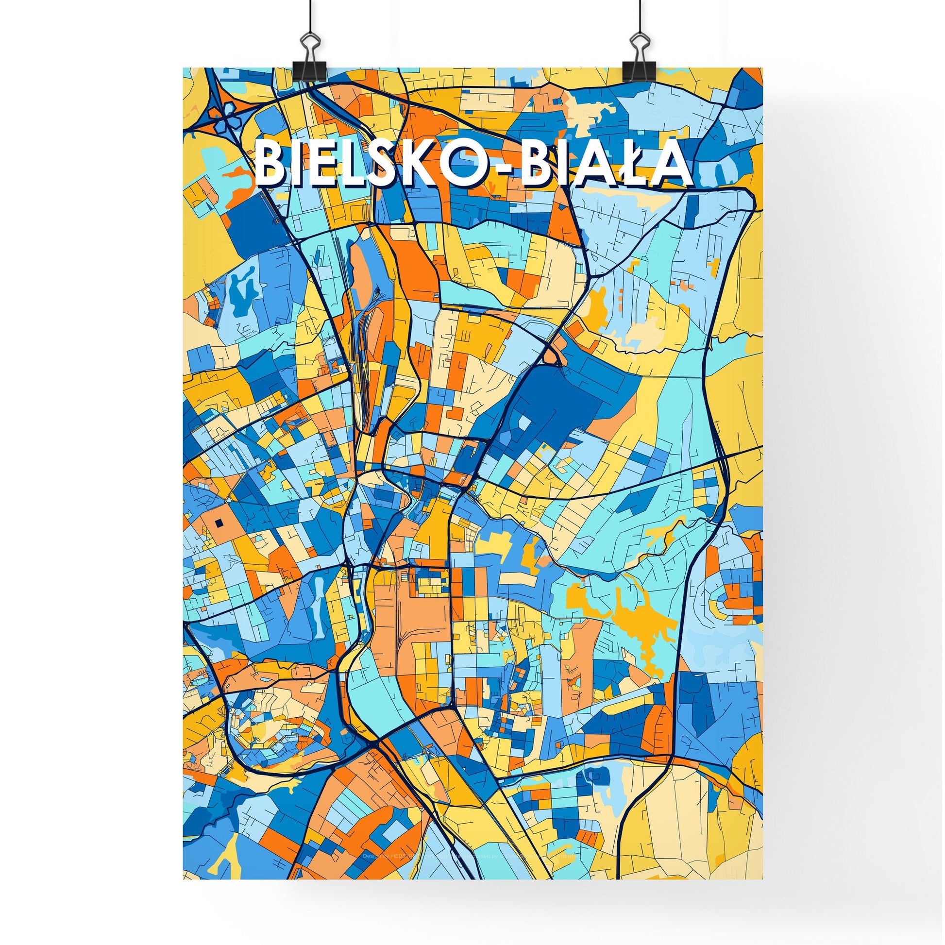 BIELSKO-BIAŁA POLAND Vibrant Colorful Art Map Poster Blue Orange