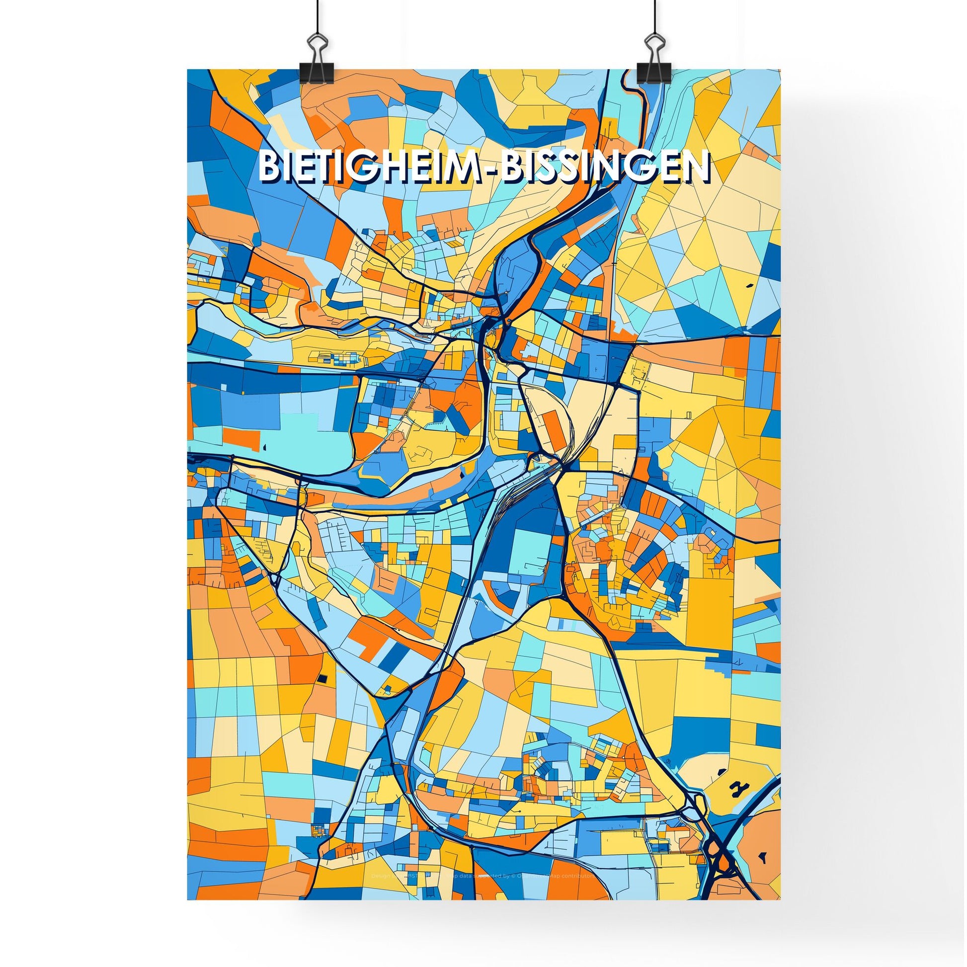 BIETIGHEIM-BISSINGEN GERMANY Vibrant Colorful Art Map Poster Blue Orange