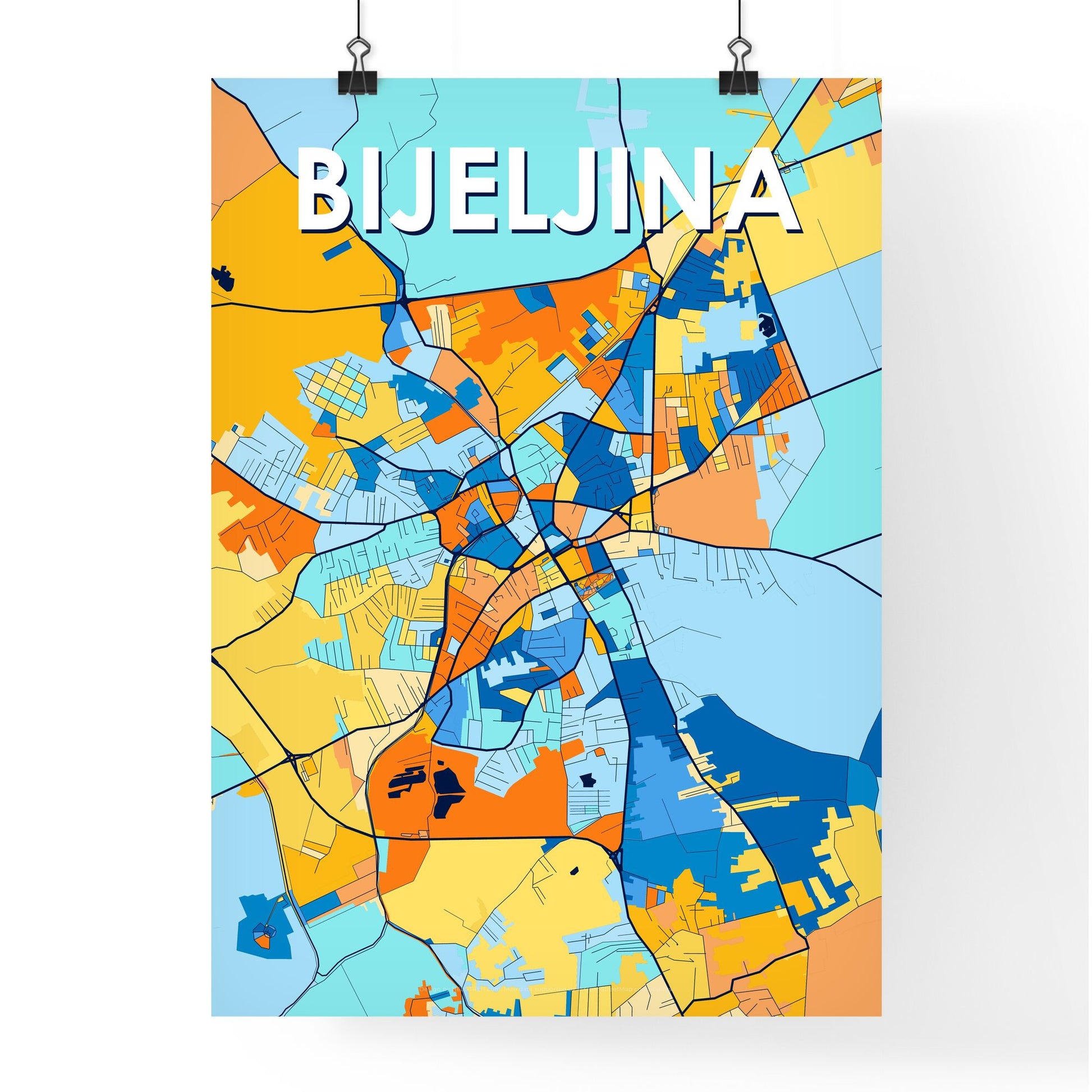 BIJELJINA BOSNIA AND HERZEGOVINA Vibrant Colorful Art Map Poster Blue Orange