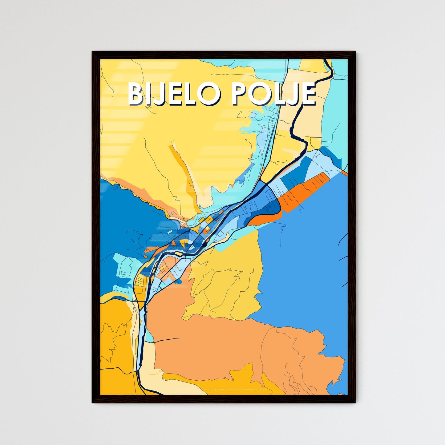 BIJELO POLJE MONTENEGRO Vibrant Colorful Art Map Poster Blue Orange