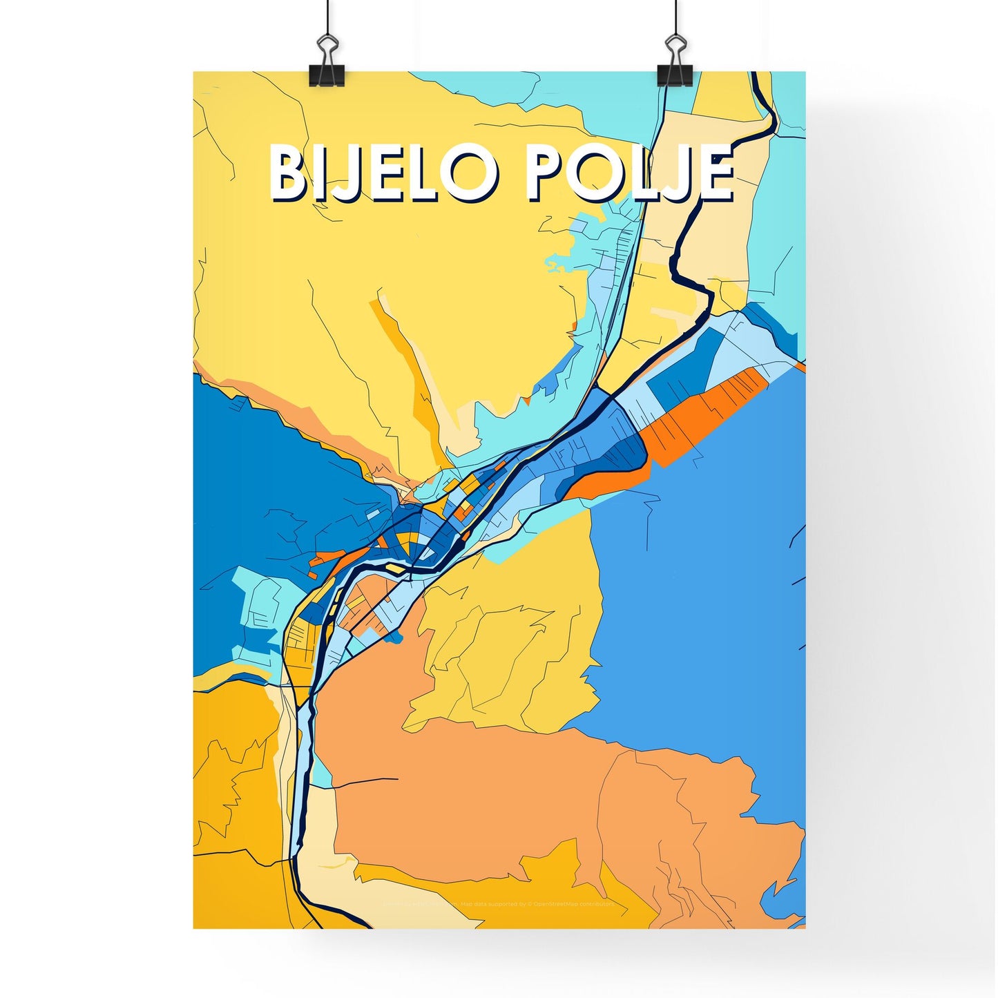 BIJELO POLJE MONTENEGRO Vibrant Colorful Art Map Poster Blue Orange