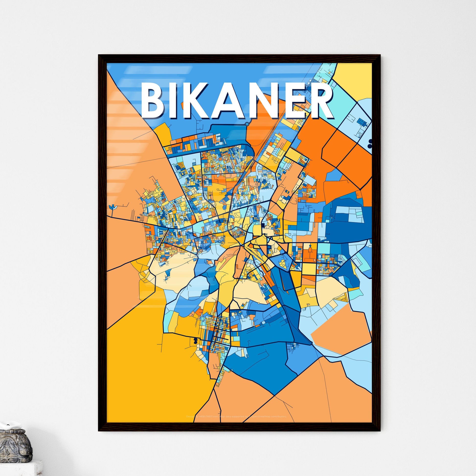 BIKANER INDIA Vibrant Colorful Art Map Poster Blue Orange