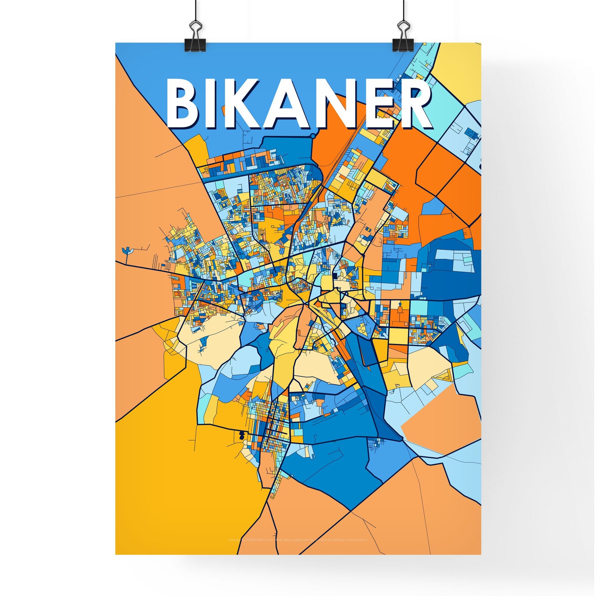 BIKANER INDIA Vibrant Colorful Art Map Poster Blue Orange