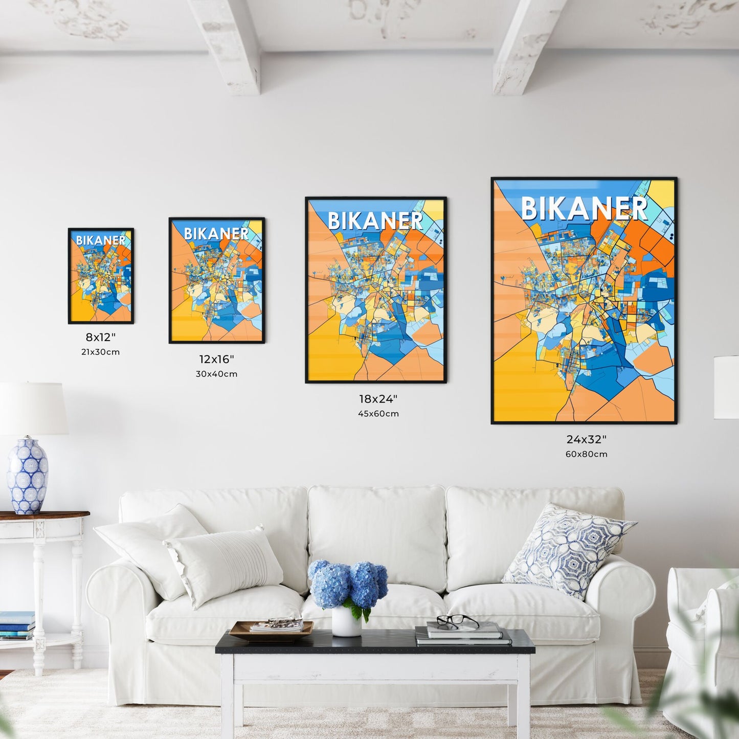 BIKANER INDIA Vibrant Colorful Art Map Poster Blue Orange