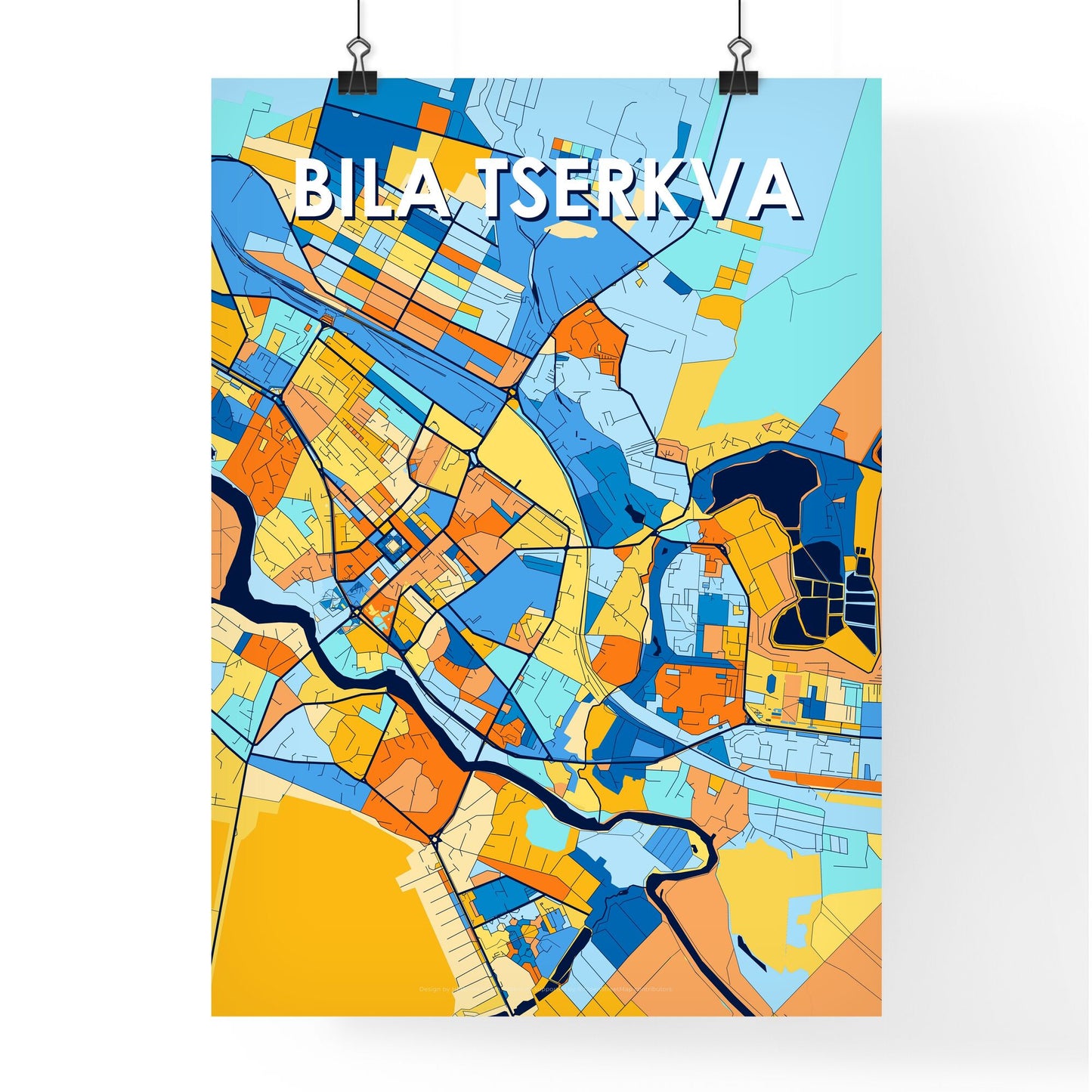 BILA TSERKVA UKRAINE Vibrant Colorful Art Map Poster Blue Orange