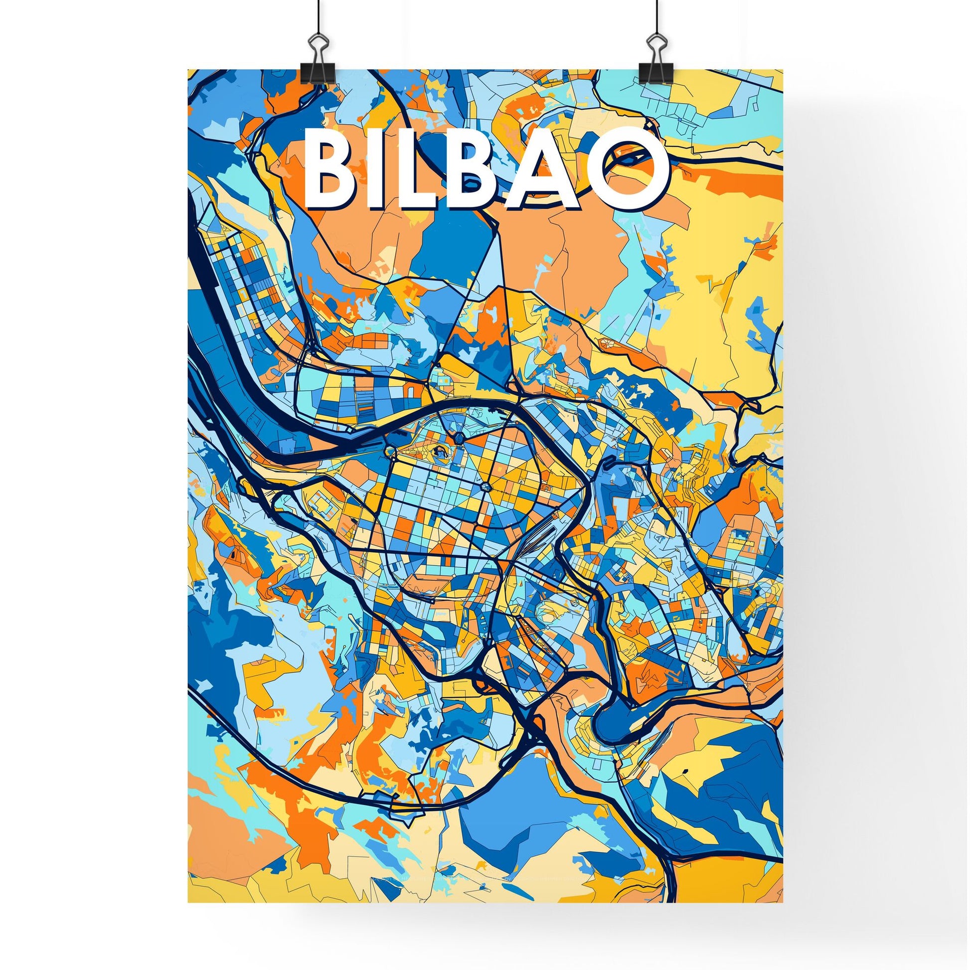 BILBAO SPAIN Vibrant Colorful Art Map Poster Blue Orange