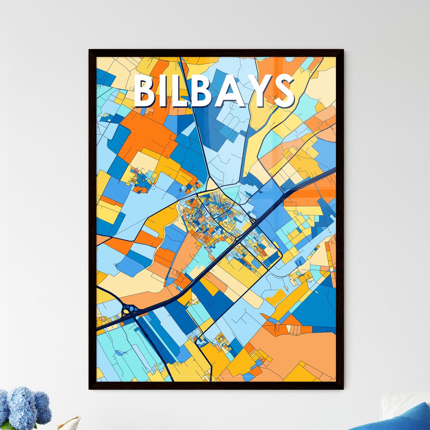 BILBAYS EGYPT Vibrant Colorful Art Map Poster Blue Orange