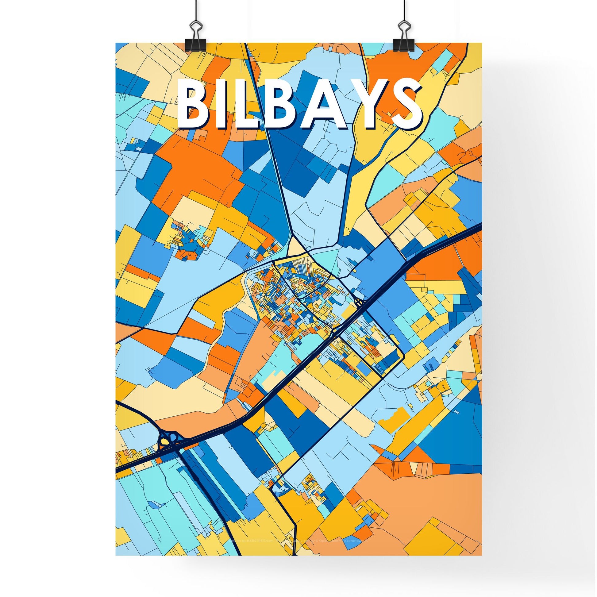 BILBAYS EGYPT Vibrant Colorful Art Map Poster Blue Orange