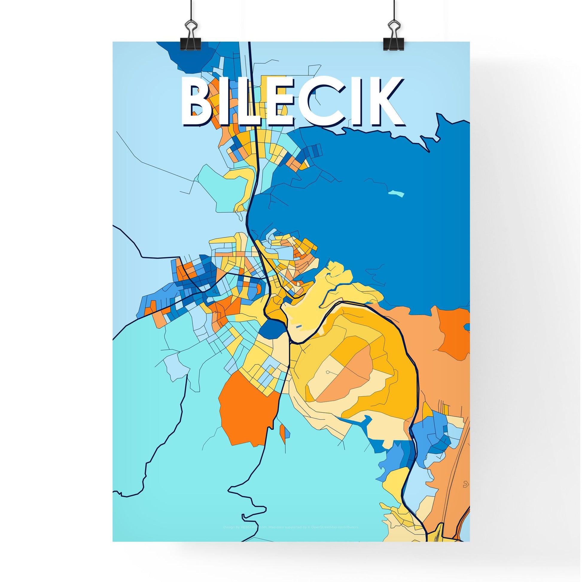 BILECIK TURKEY Vibrant Colorful Art Map Poster Blue Orange