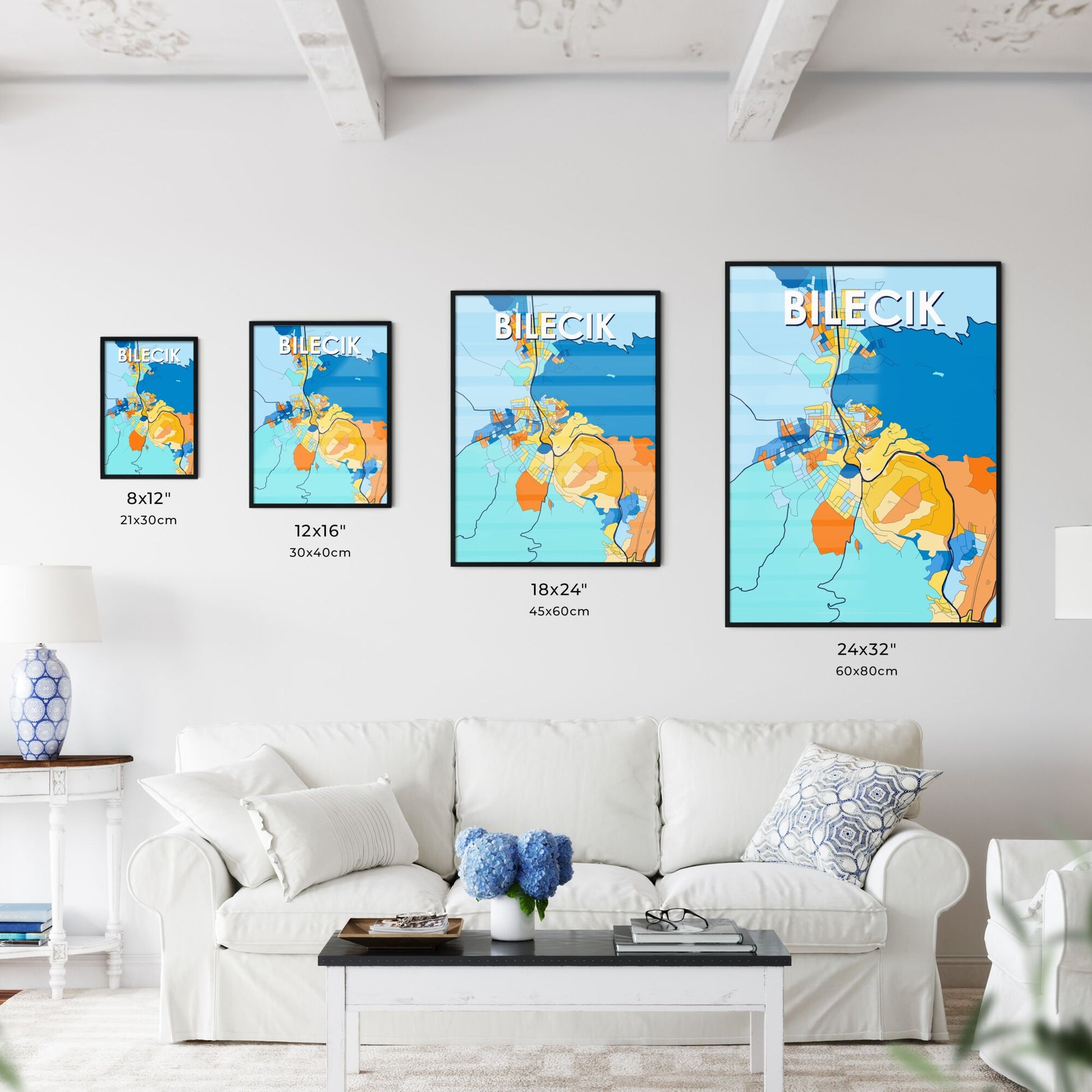 BILECIK TURKEY Vibrant Colorful Art Map Poster Blue Orange