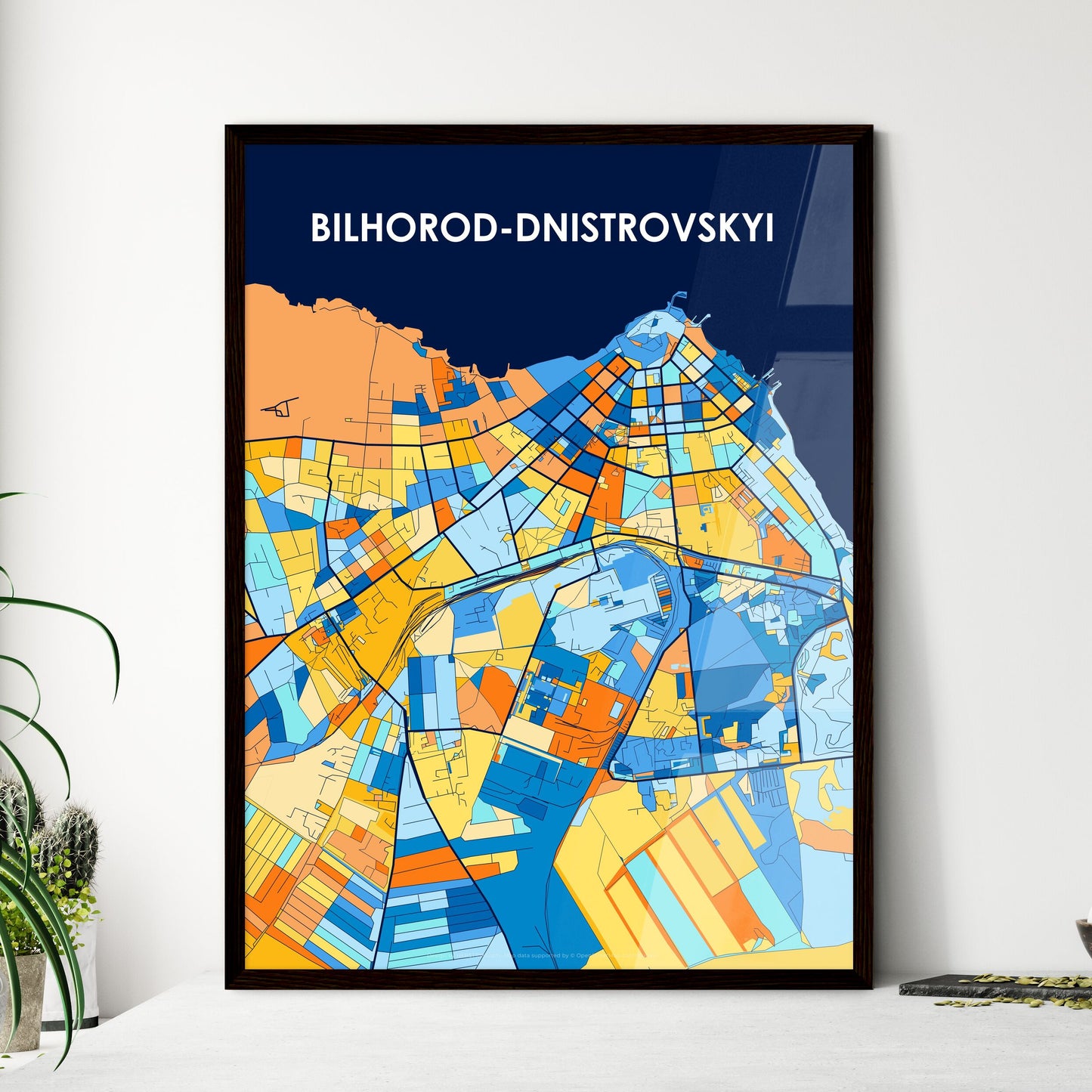 BILHOROD-DNISTROVSKYI UKRAINE Vibrant Colorful Art Map Poster Blue Orange