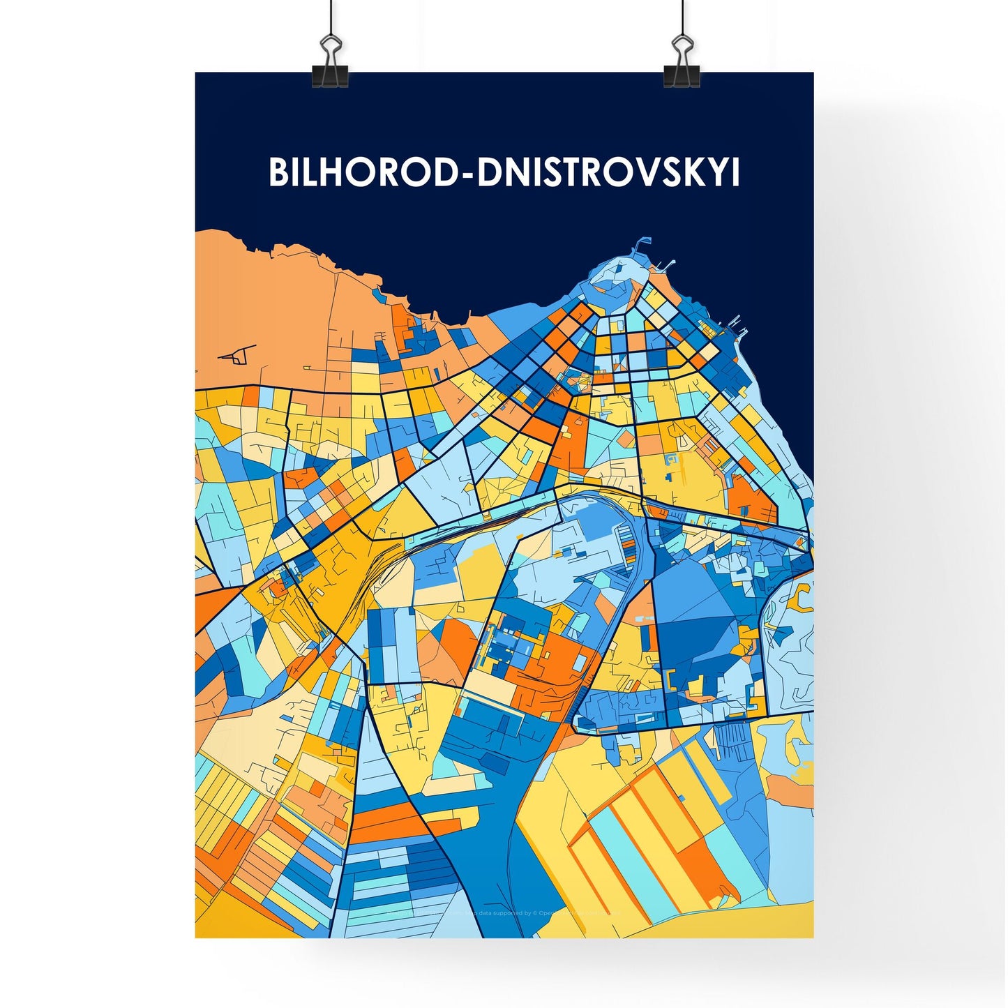 BILHOROD-DNISTROVSKYI UKRAINE Vibrant Colorful Art Map Poster Blue Orange