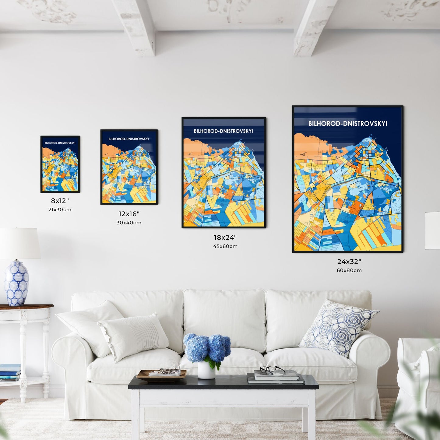 BILHOROD-DNISTROVSKYI UKRAINE Vibrant Colorful Art Map Poster Blue Orange