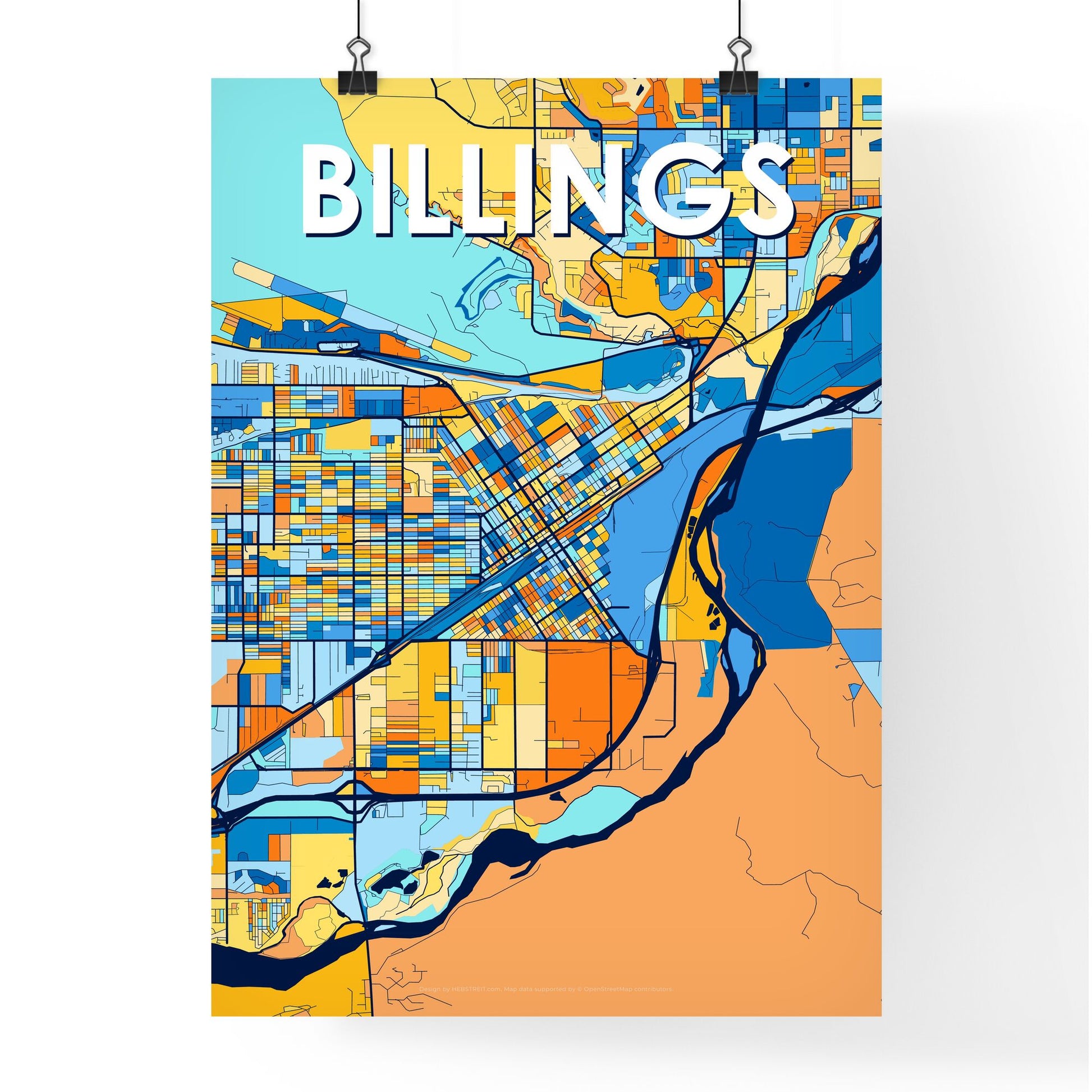 BILLINGS MONTANA Vibrant Colorful Art Map Poster Blue Orange