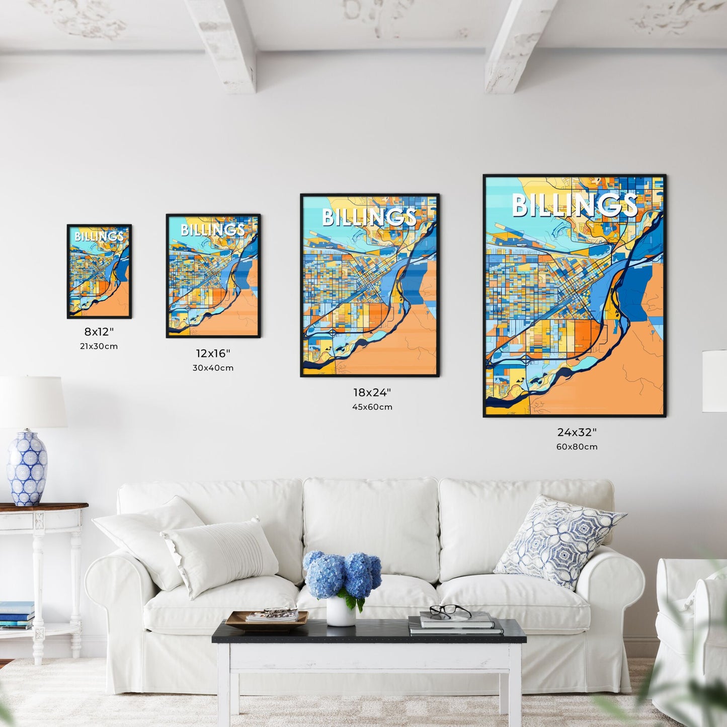 BILLINGS MONTANA Vibrant Colorful Art Map Poster Blue Orange