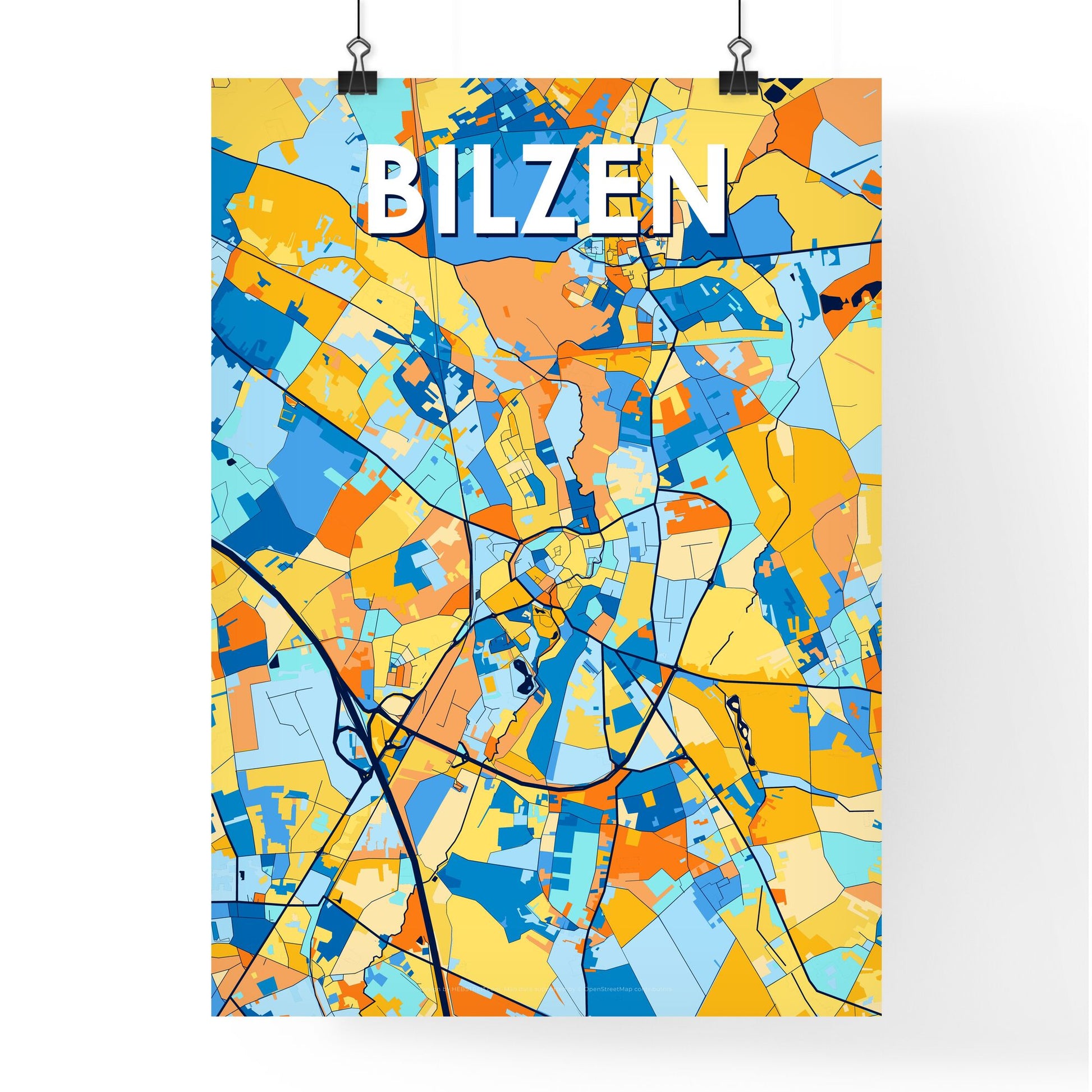 BILZEN BELGIUM Vibrant Colorful Art Map Poster Blue Orange