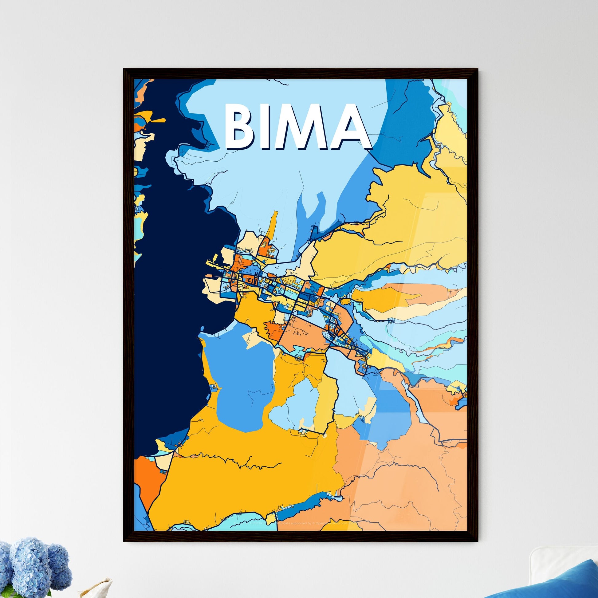 BIMA INDONESIA Vibrant Colorful Art Map Poster Blue Orange