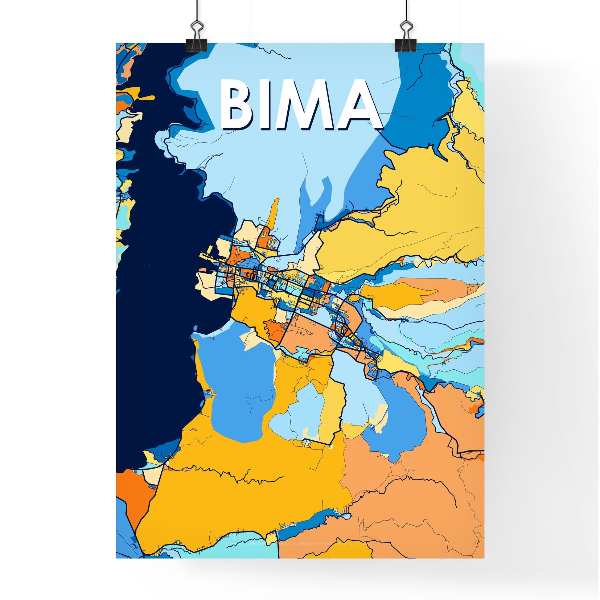 BIMA INDONESIA Vibrant Colorful Art Map Poster Blue Orange