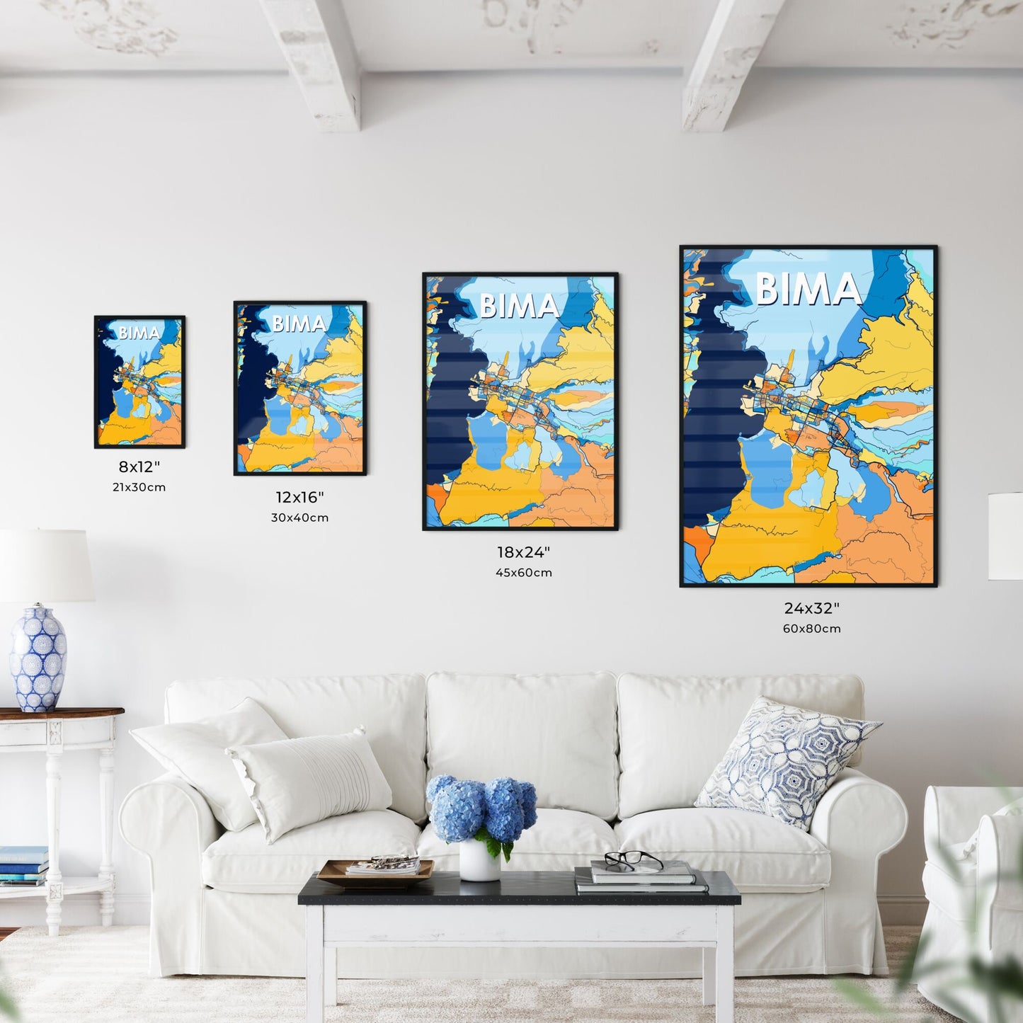 BIMA INDONESIA Vibrant Colorful Art Map Poster Blue Orange