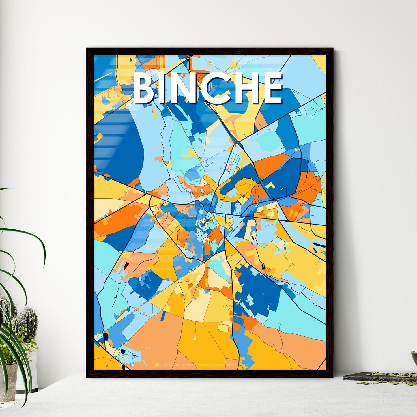 BINCHE BELGIUM Vibrant Colorful Art Map Poster Blue Orange