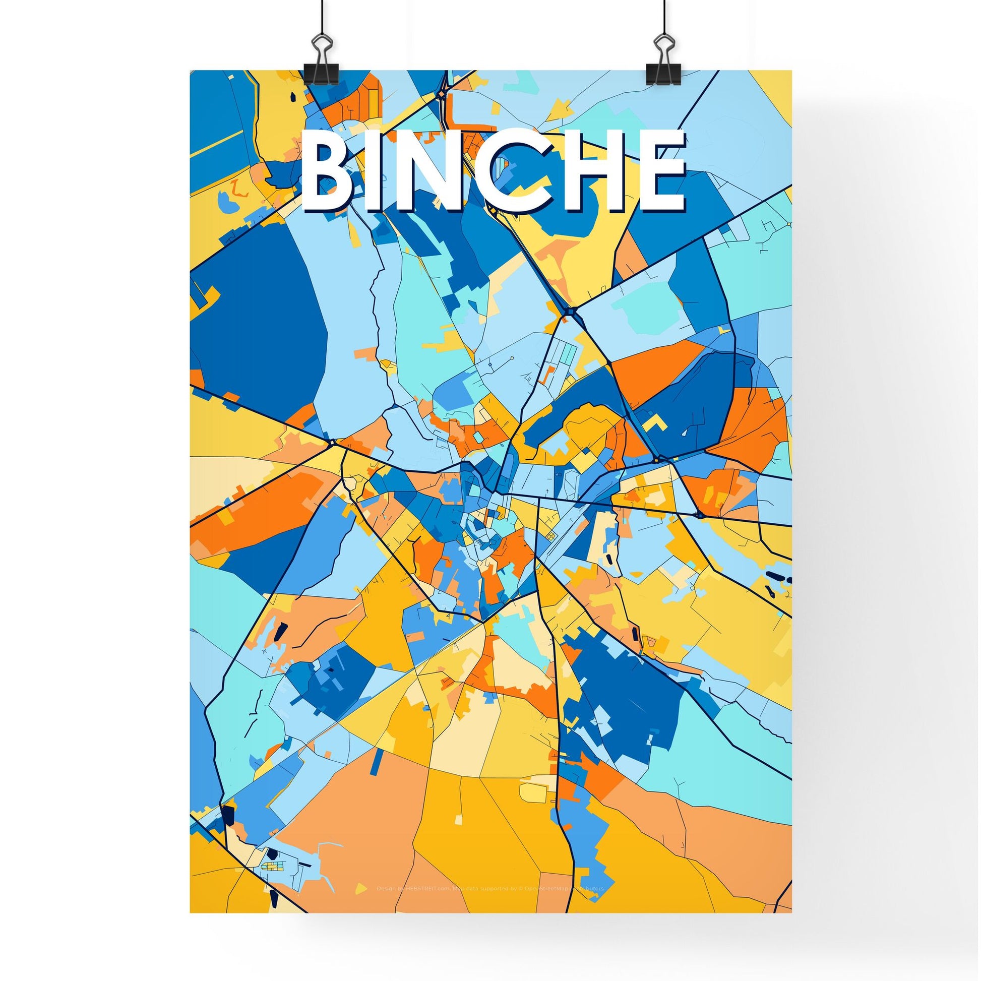 BINCHE BELGIUM Vibrant Colorful Art Map Poster Blue Orange