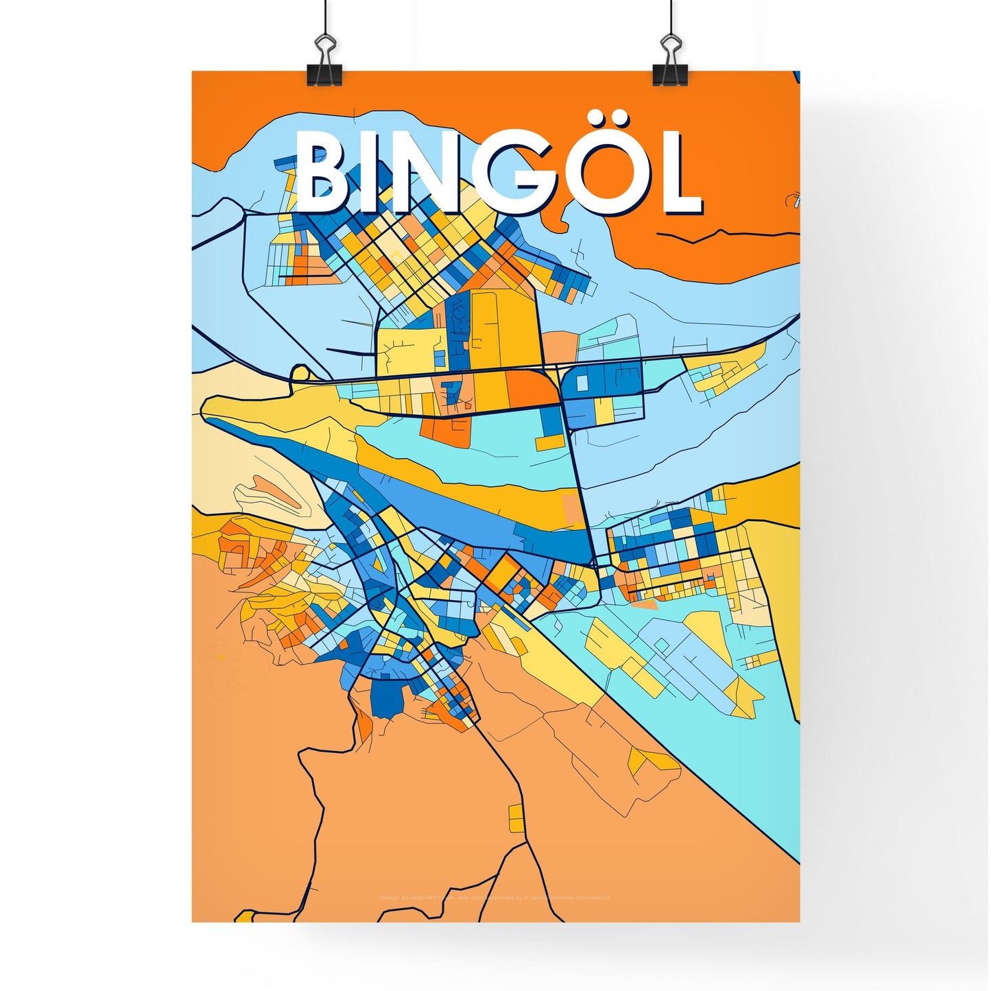 BINGÖL TURKEY Vibrant Colorful Art Map Poster Blue Orange