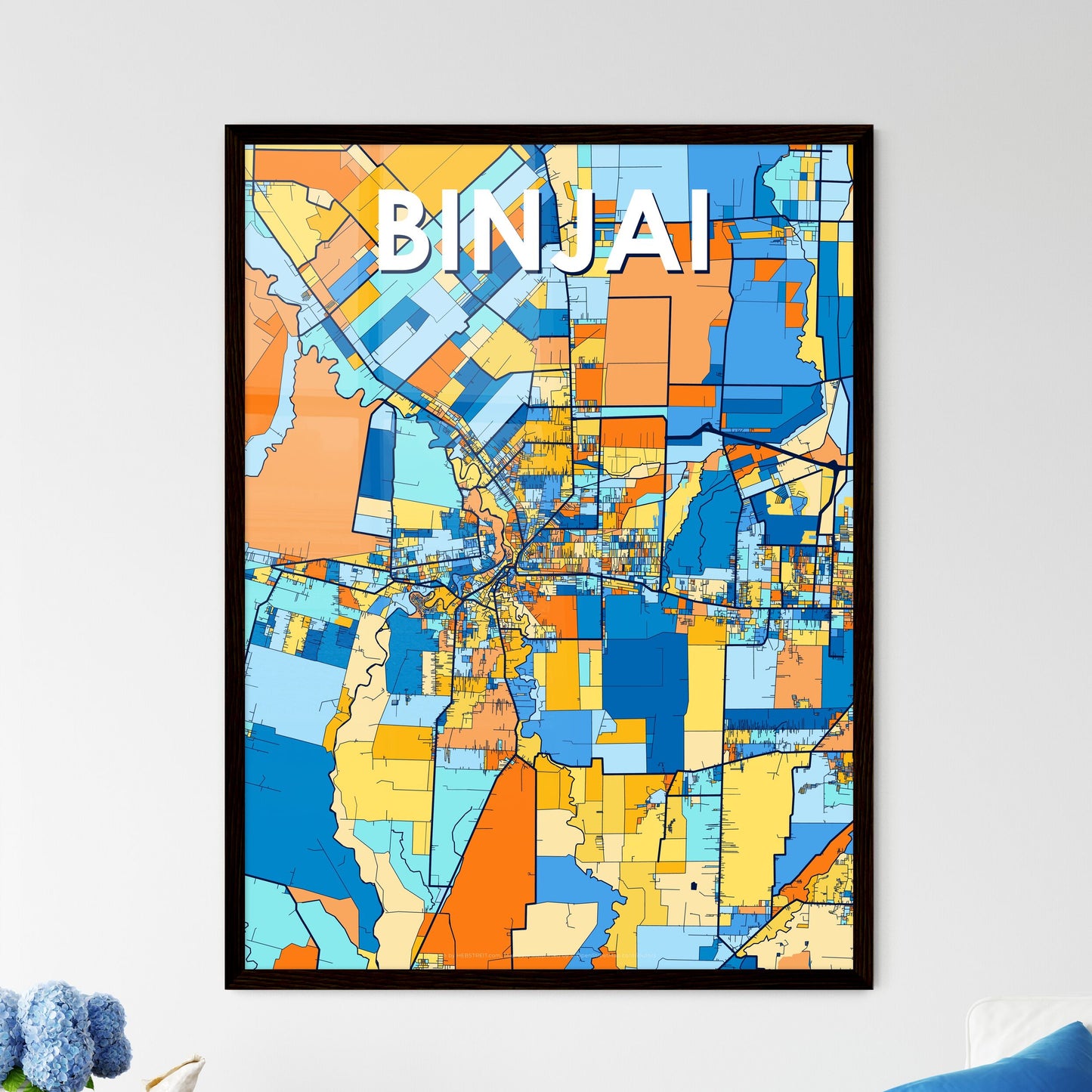 BINJAI INDONESIA Vibrant Colorful Art Map Poster Blue Orange