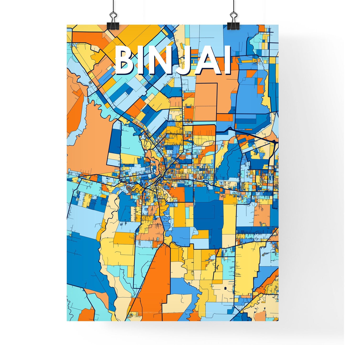 BINJAI INDONESIA Vibrant Colorful Art Map Poster Blue Orange