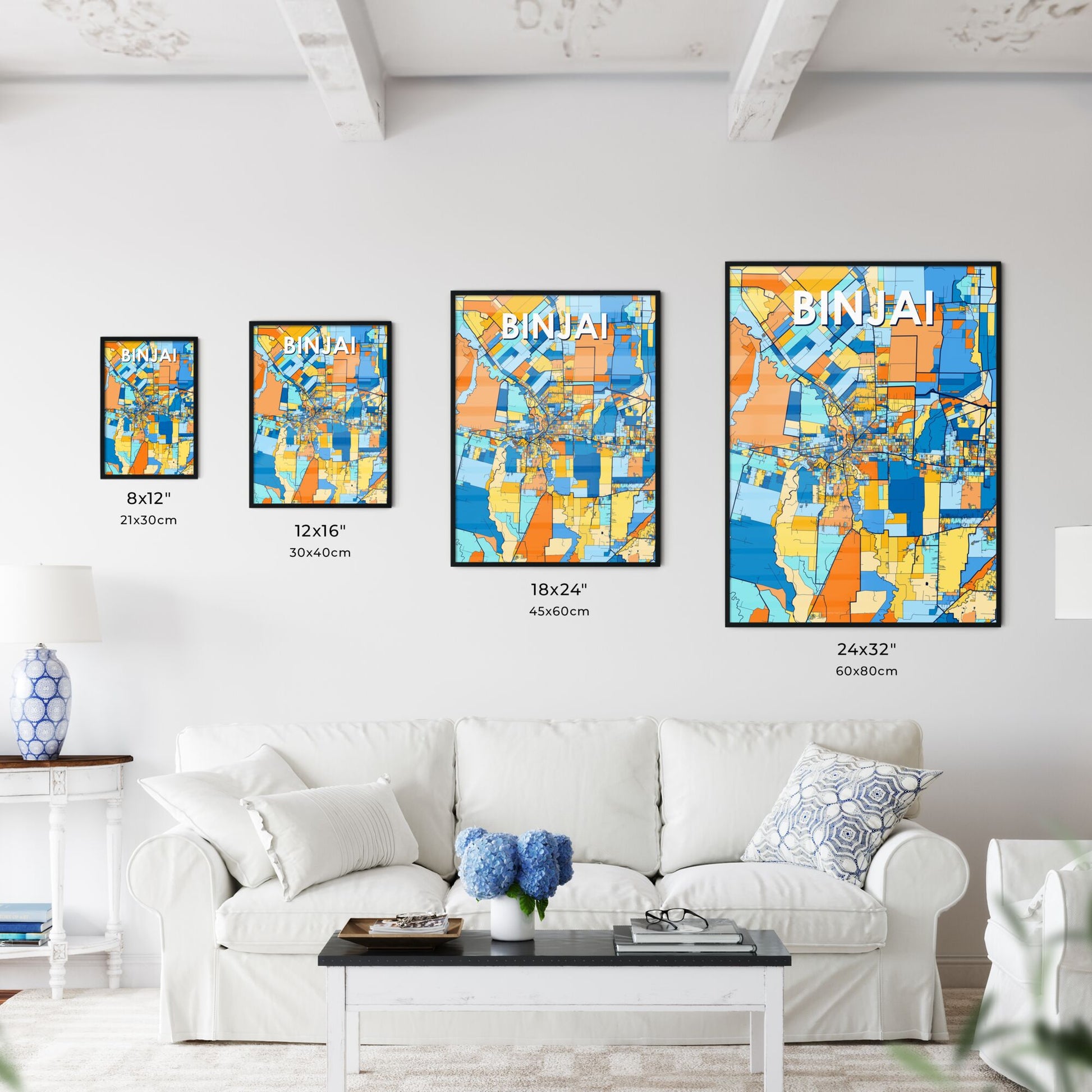 BINJAI INDONESIA Vibrant Colorful Art Map Poster Blue Orange