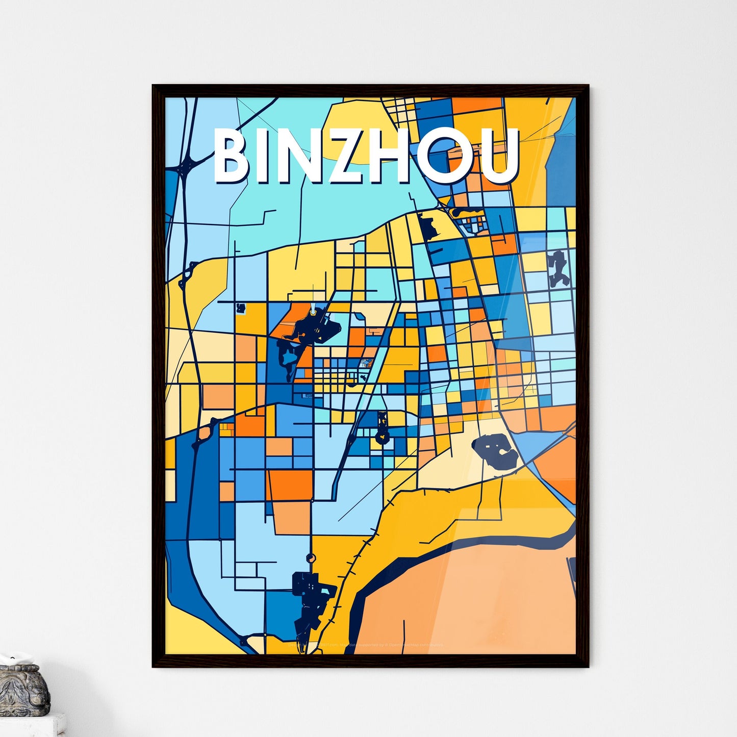 BINZHOU CHINA Vibrant Colorful Art Map Poster Blue Orange