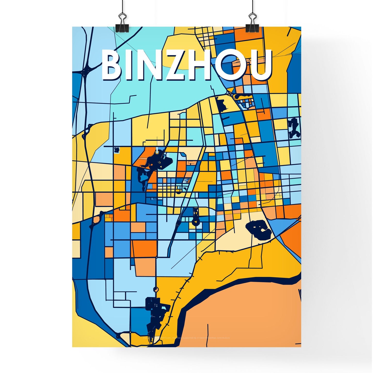 BINZHOU CHINA Vibrant Colorful Art Map Poster Blue Orange