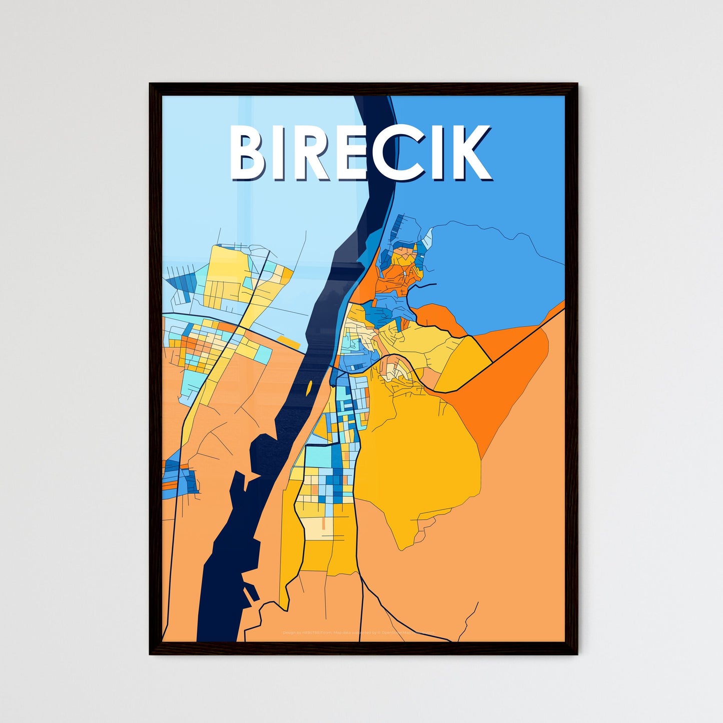 BIRECIK TURKEY Vibrant Colorful Art Map Poster Blue Orange