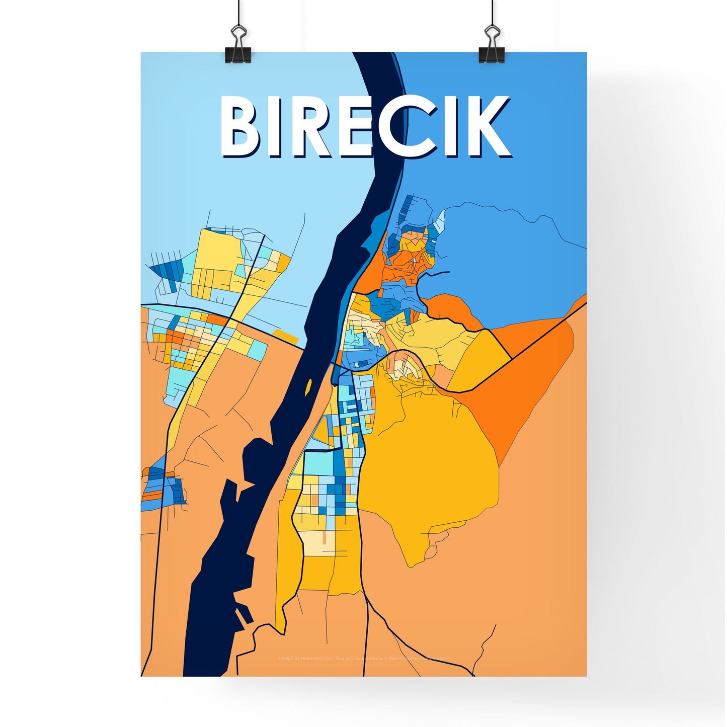 BIRECIK TURKEY Vibrant Colorful Art Map Poster Blue Orange