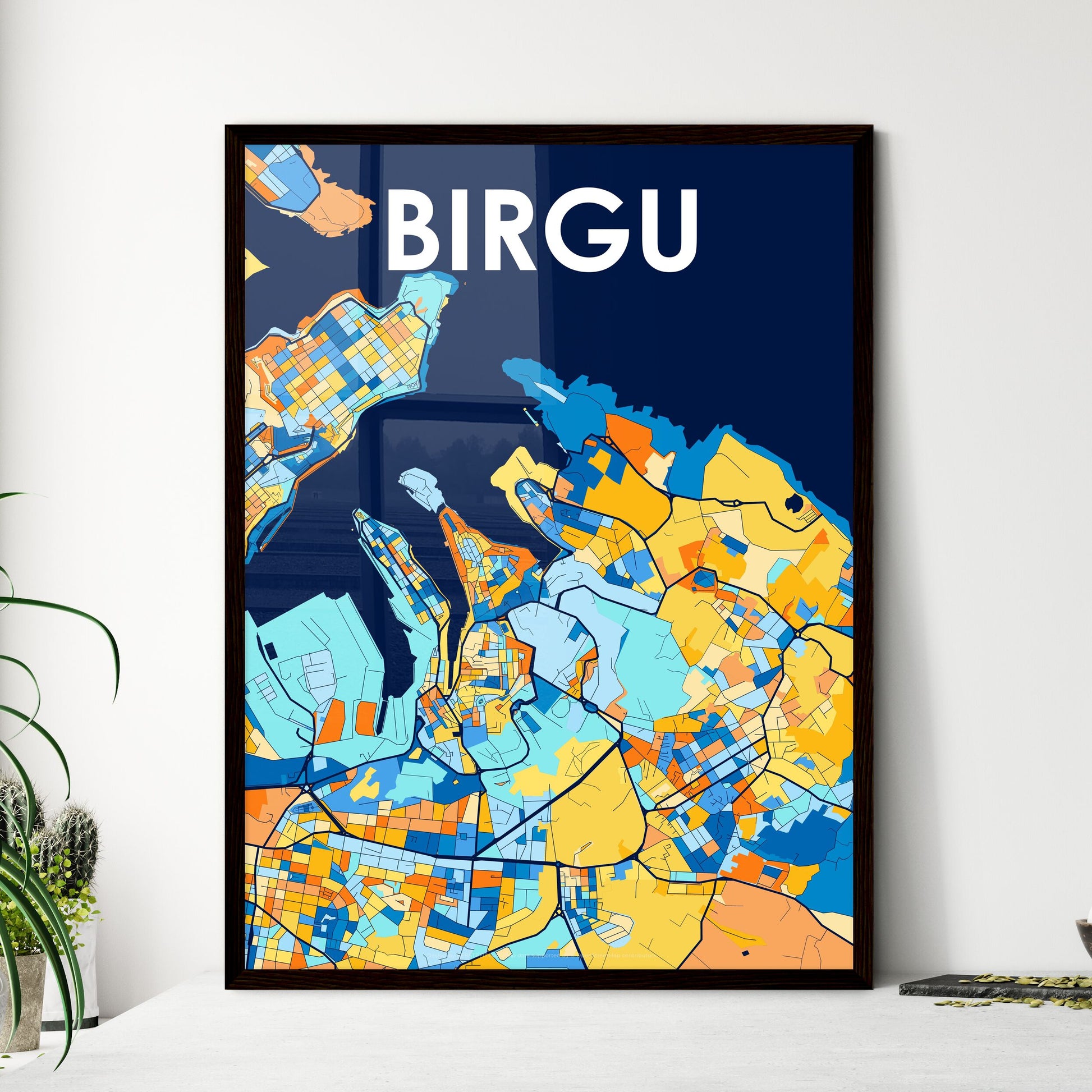 BIRGU MALTA Vibrant Colorful Art Map Poster Blue Orange