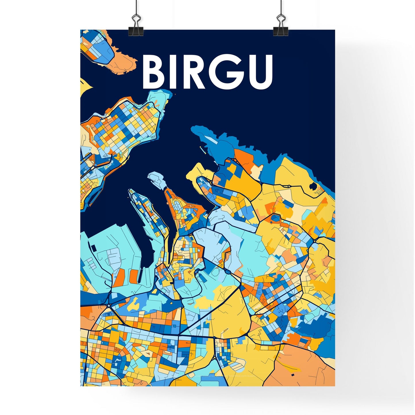 BIRGU MALTA Vibrant Colorful Art Map Poster Blue Orange