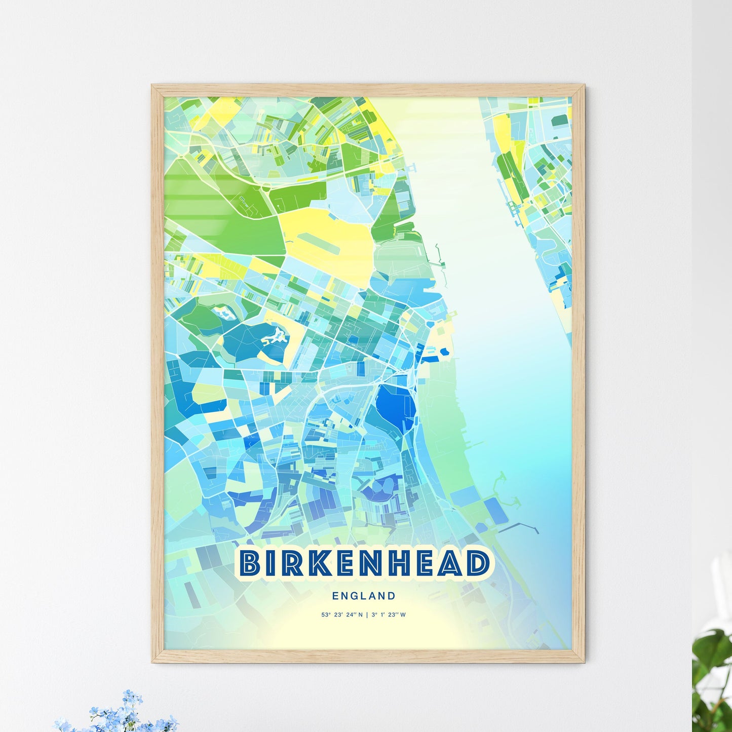 Colorful Birkenhead England Fine Art Map Cool Blue