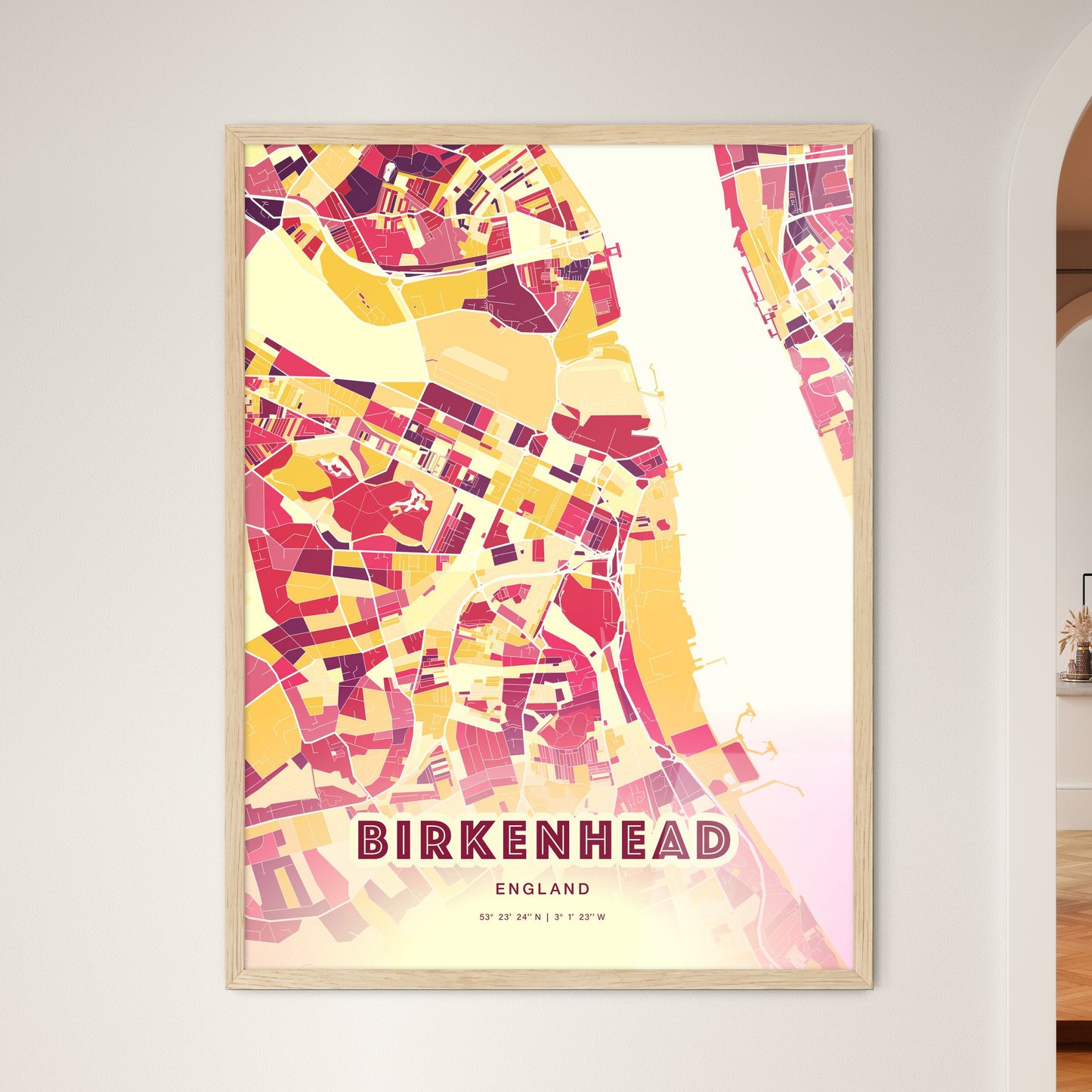 Colorful Birkenhead England Fine Art Map Hot Red