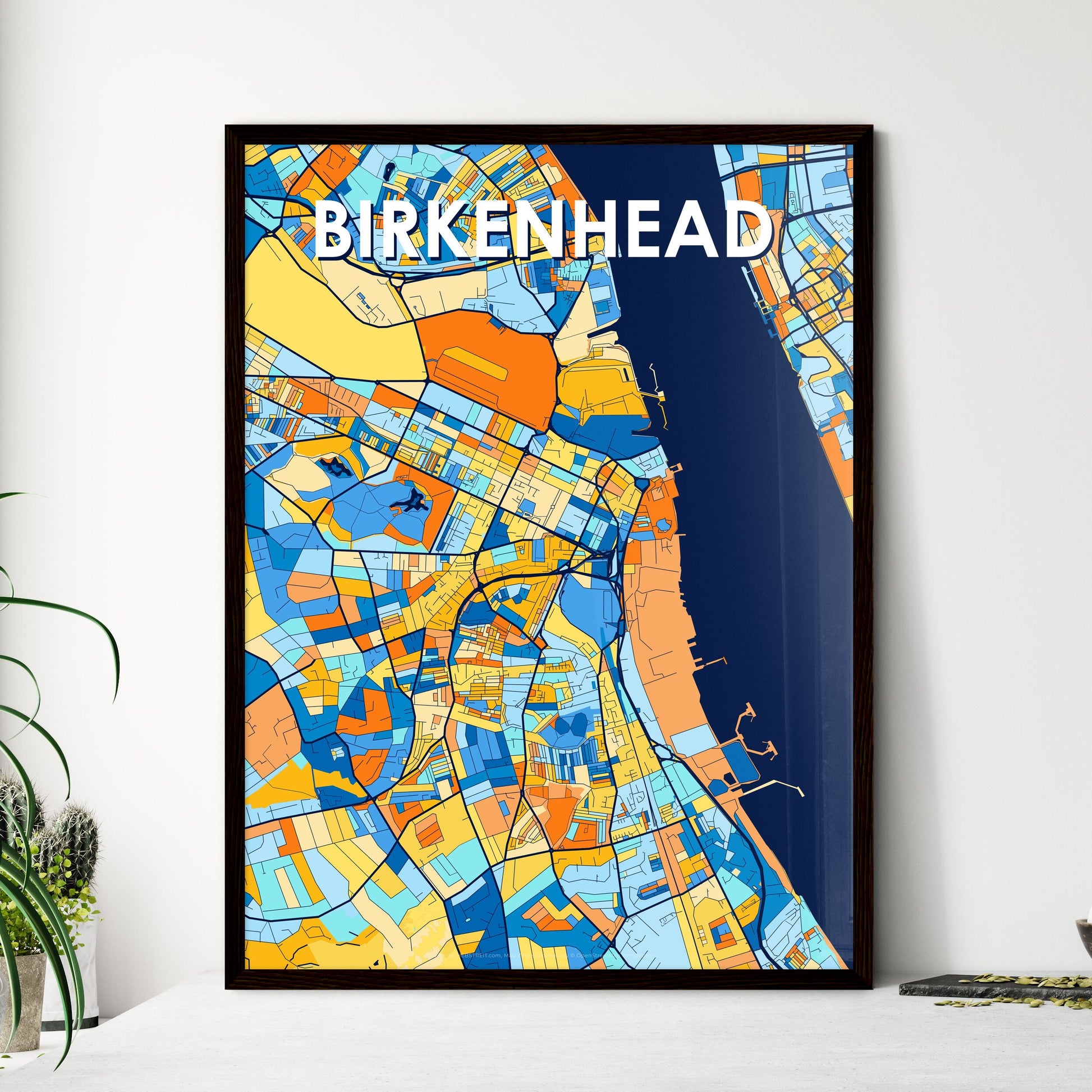 BIRKENHEAD ENGLAND Vibrant Colorful Art Map Poster Blue Orange