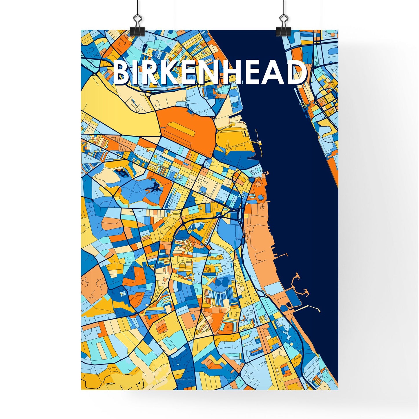 BIRKENHEAD ENGLAND Vibrant Colorful Art Map Poster Blue Orange