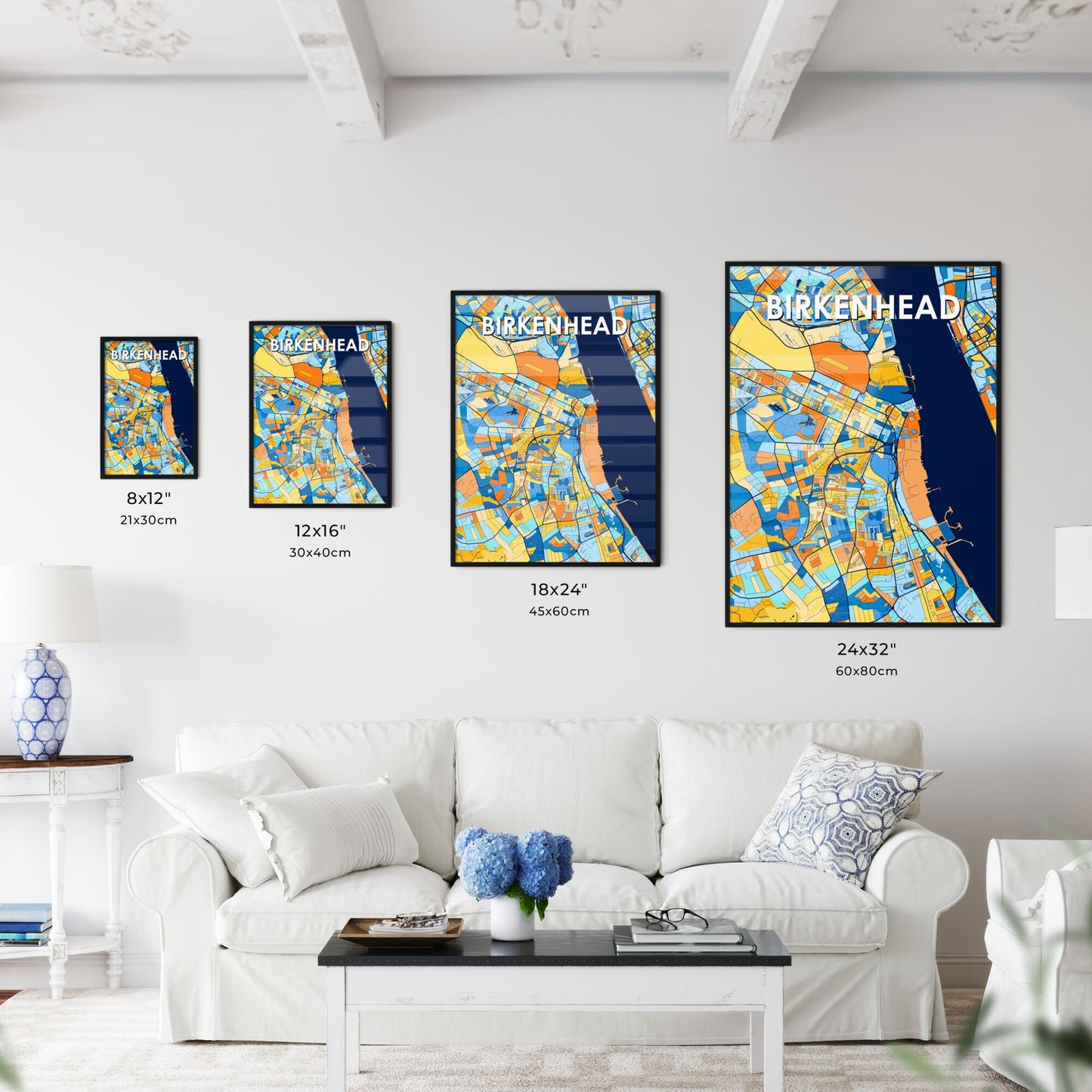 BIRKENHEAD ENGLAND Vibrant Colorful Art Map Poster Blue Orange