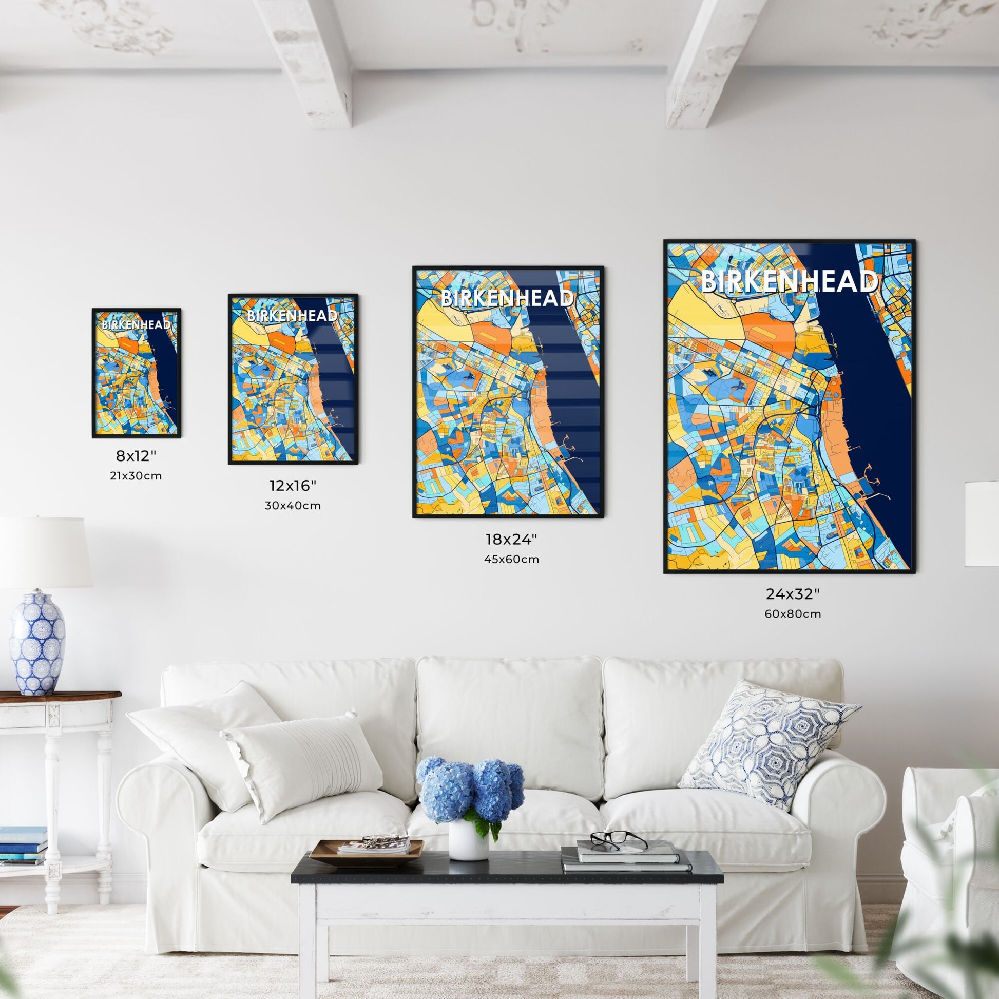 BIRKENHEAD ENGLAND Vibrant Colorful Art Map Poster Blue Orange